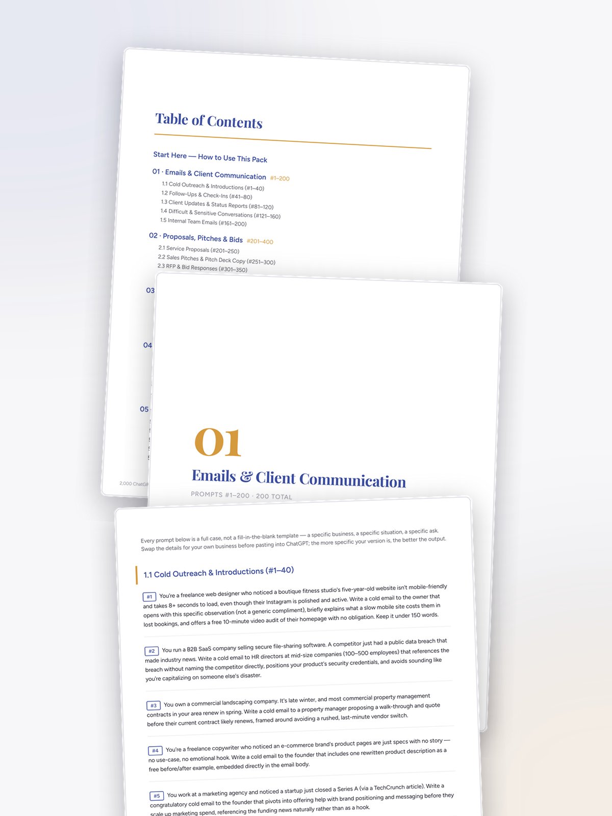 Interior pages of the ChatGPT business writing prompts PDF