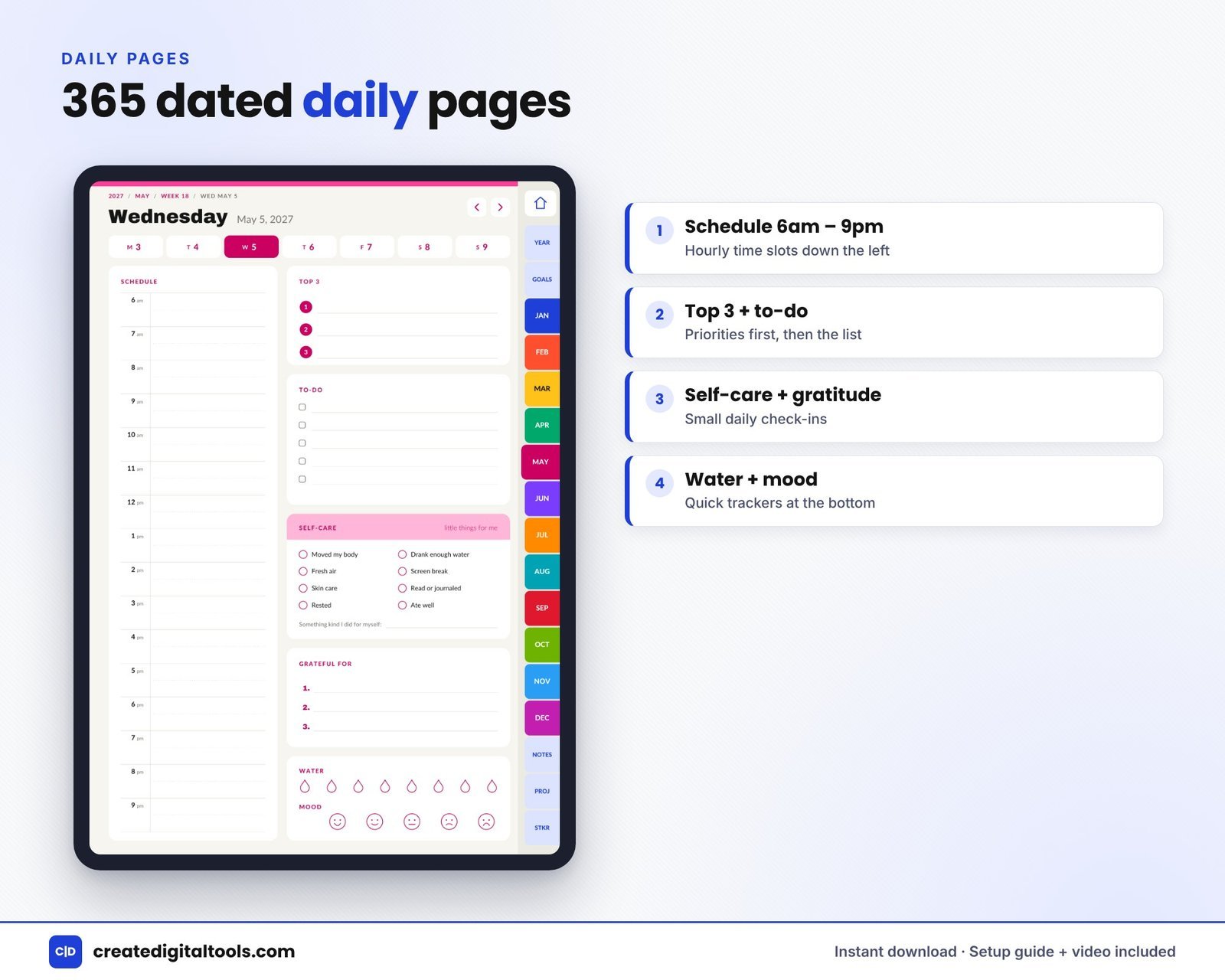 Portrait digital planner 2027 daily page with schedule, top 3 and mood tracker