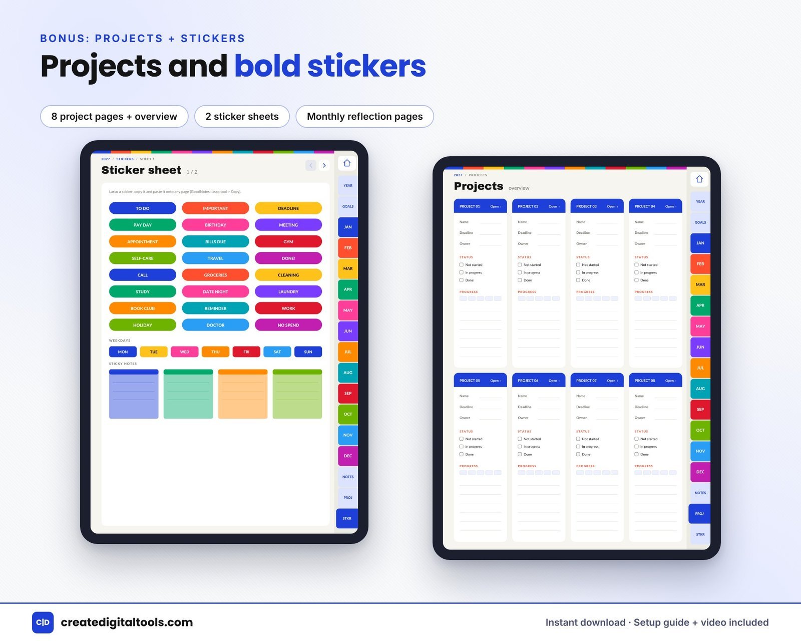 Color block digital planner project planner pages and digital sticker sheets