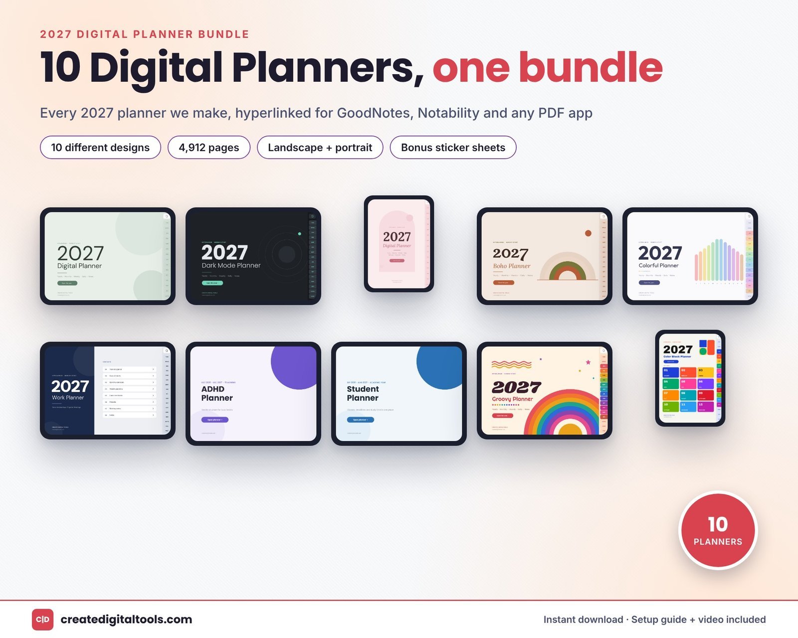 2027 digital planner bundle: 10 hyperlinked GoodNotes and Notability planners