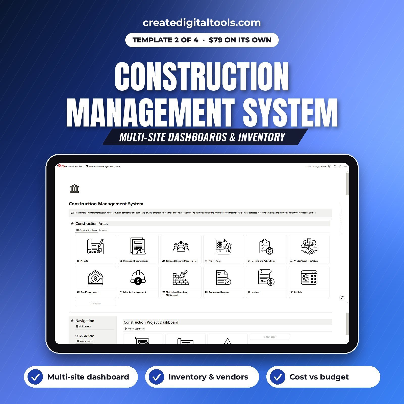 Construction management Notion template with multi-site dashboards and vendors