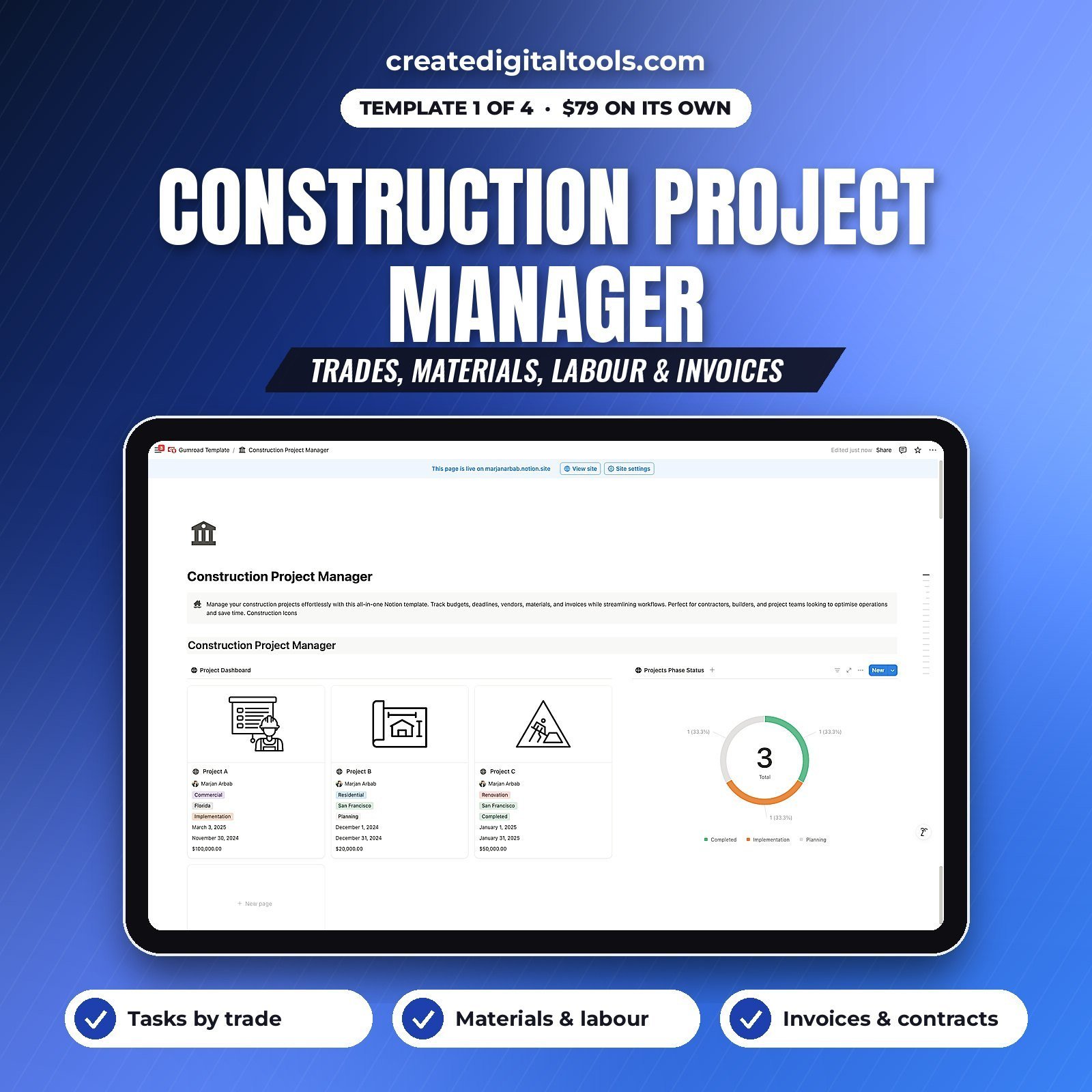 Construction project manager Notion template with trades, materials and labour databases