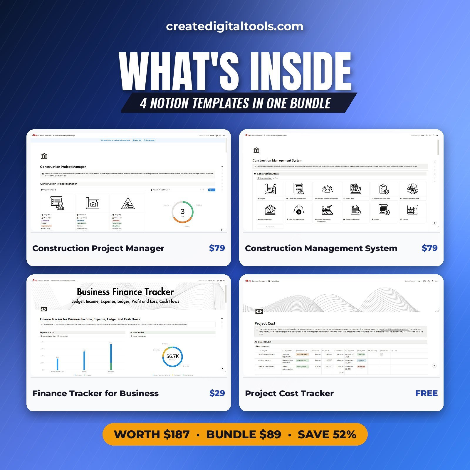 Construction Notion template pack contents for contractors and builders
