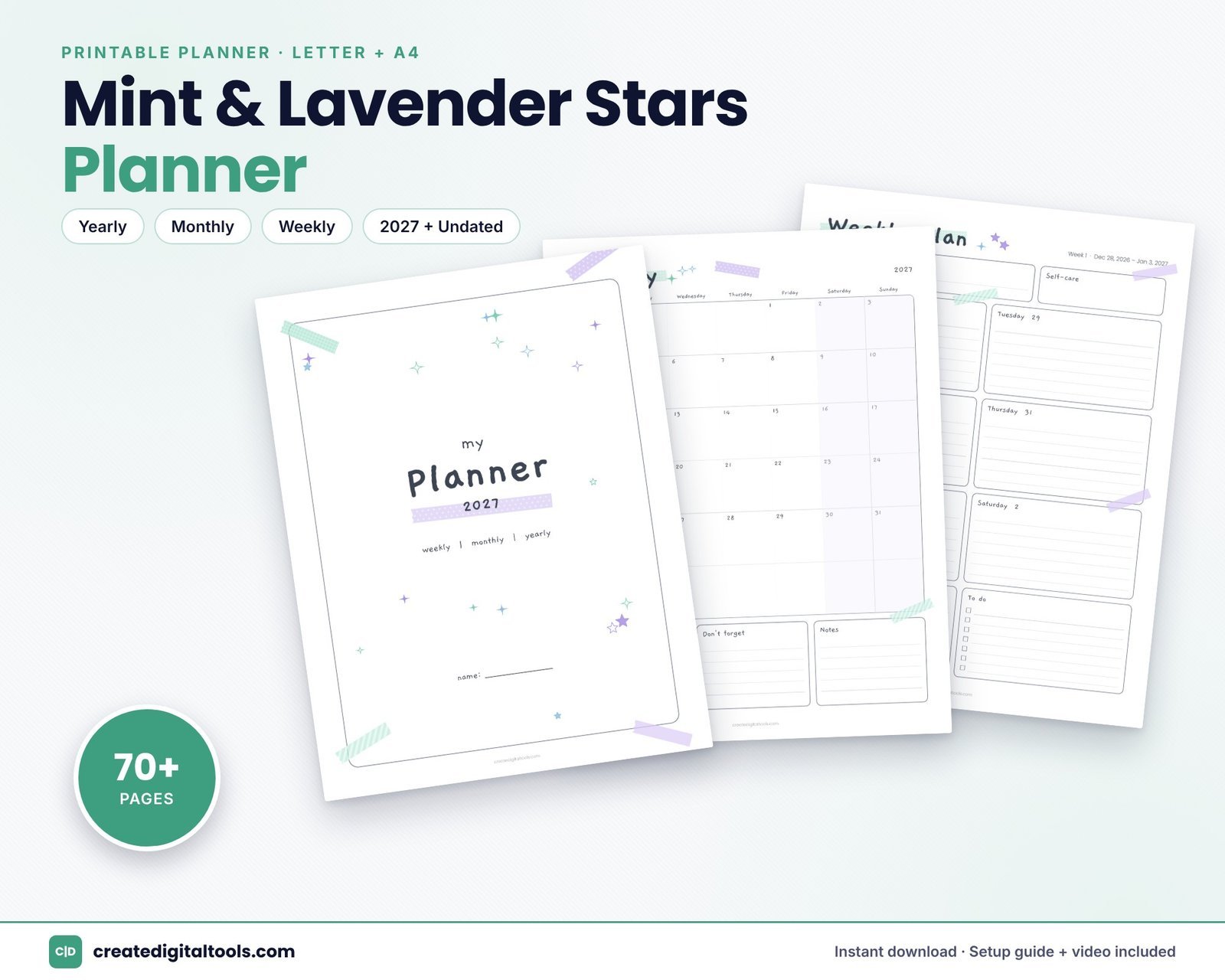 Cute Simple Planner · Mint & Lavender Stars – Printable Weekly, Monthly & Yearly Planner (2027 + Undated, Letter + A4)