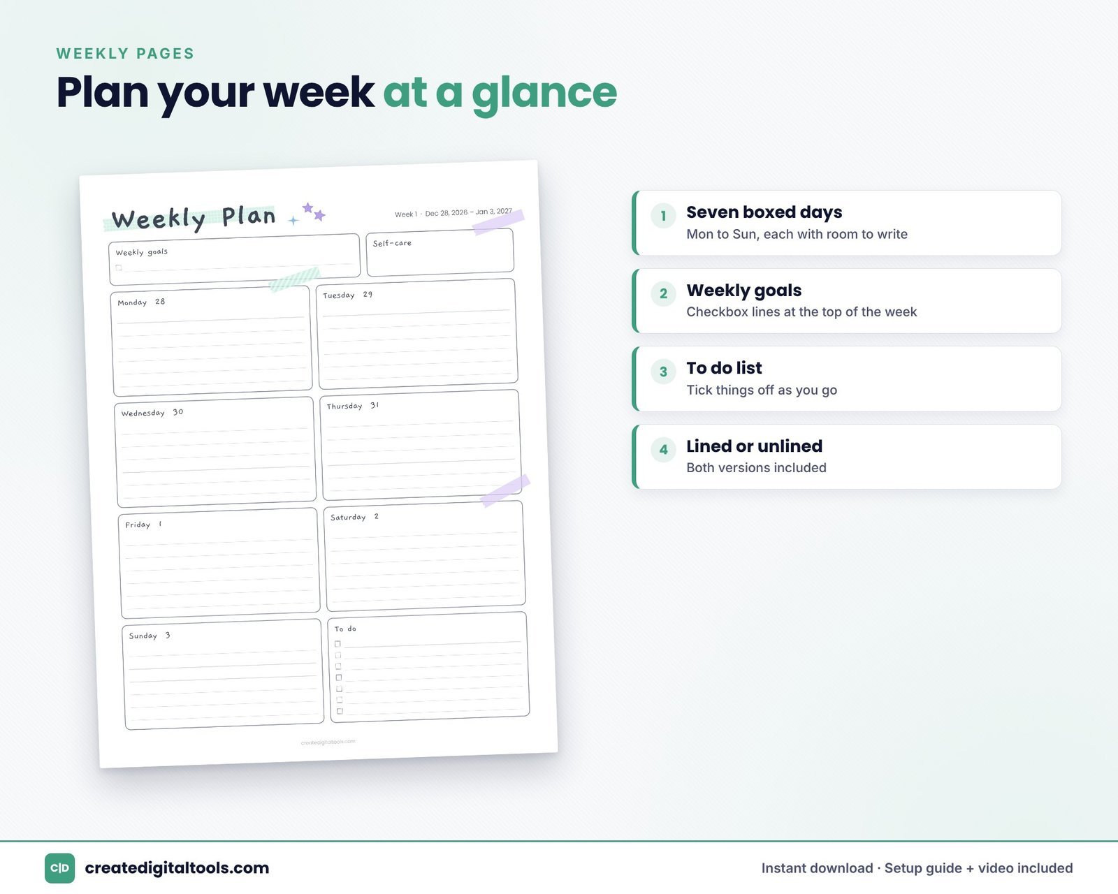 Self-care printable planner weekly page with self-care box in mint and lavender