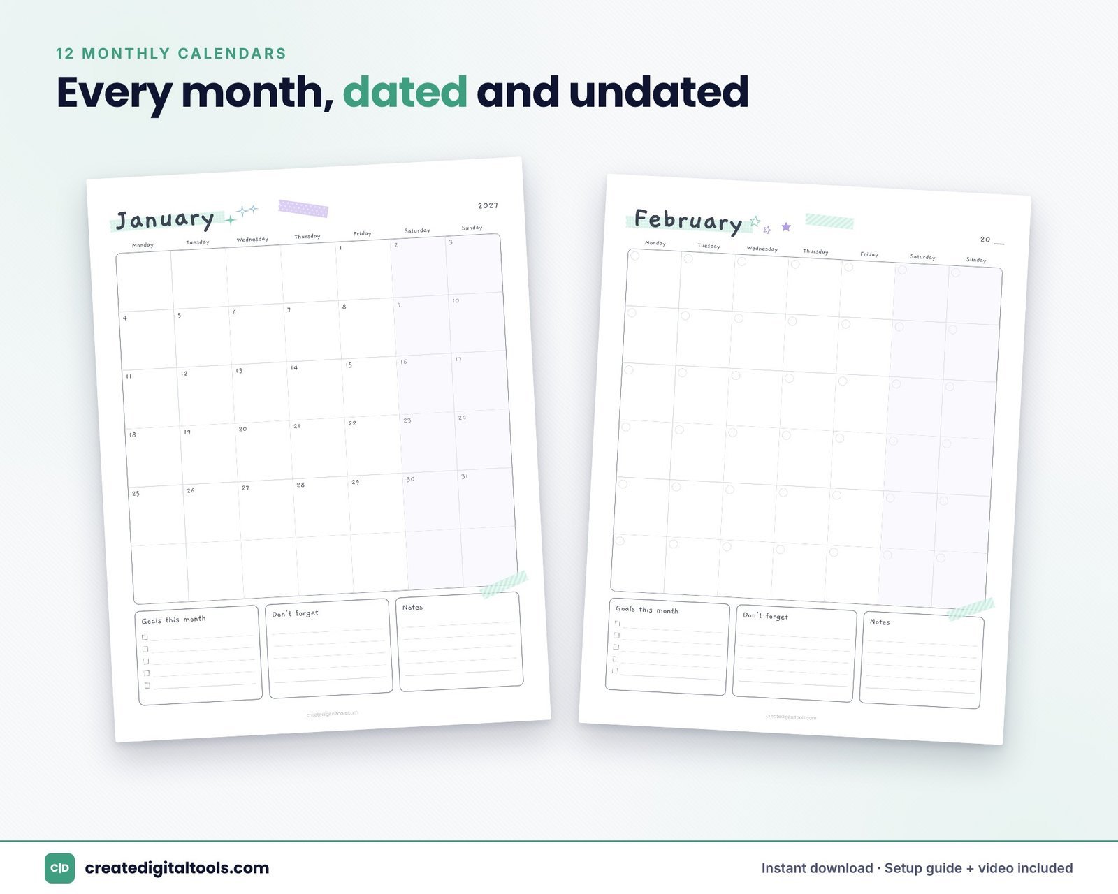 Mint and lavender printable monthly calendar 2027 with lavender weekends