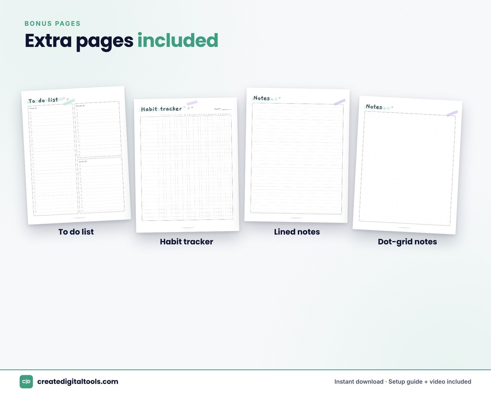 Mint and lavender planner extra pages: habit tracker, to do list and dot grid notes
