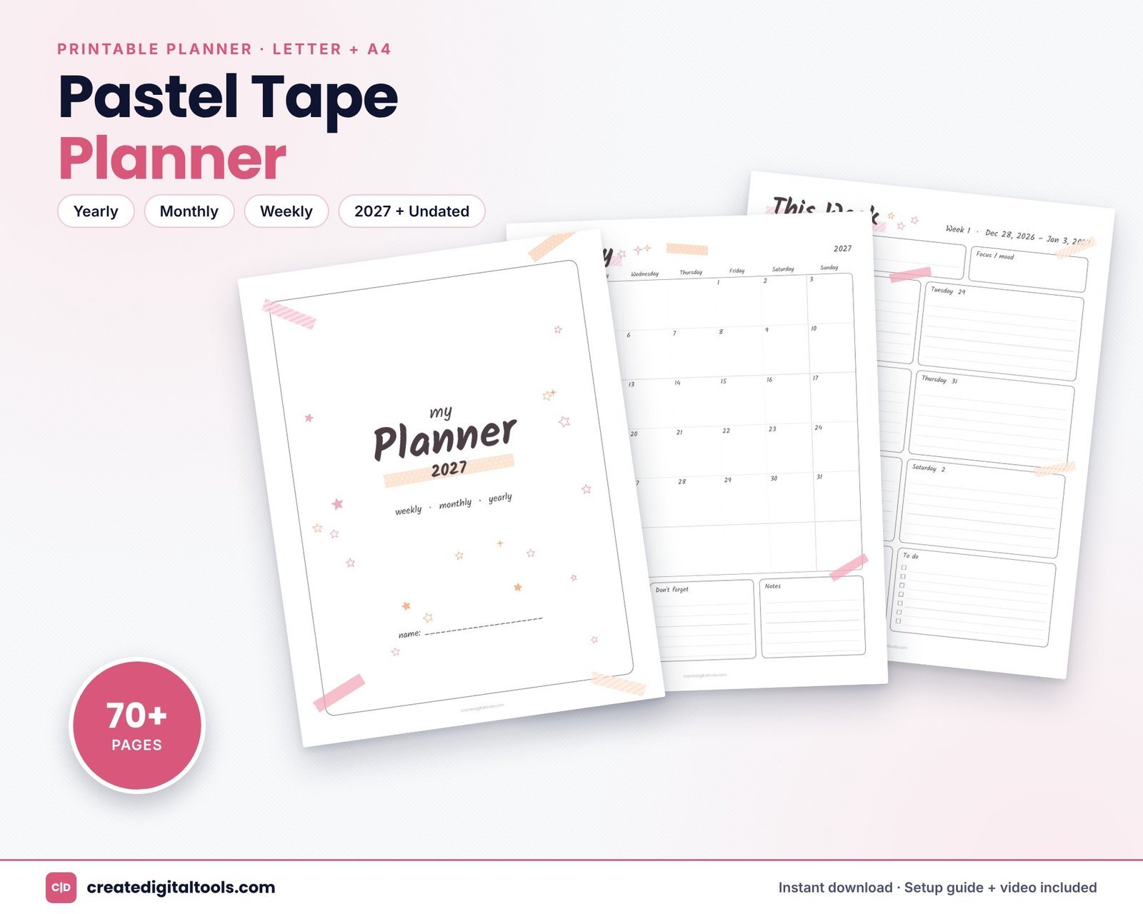 Cute Simple Planner · Pastel Tape – Printable Weekly, Monthly & Yearly Planner (2027 + Undated, Letter + A4)