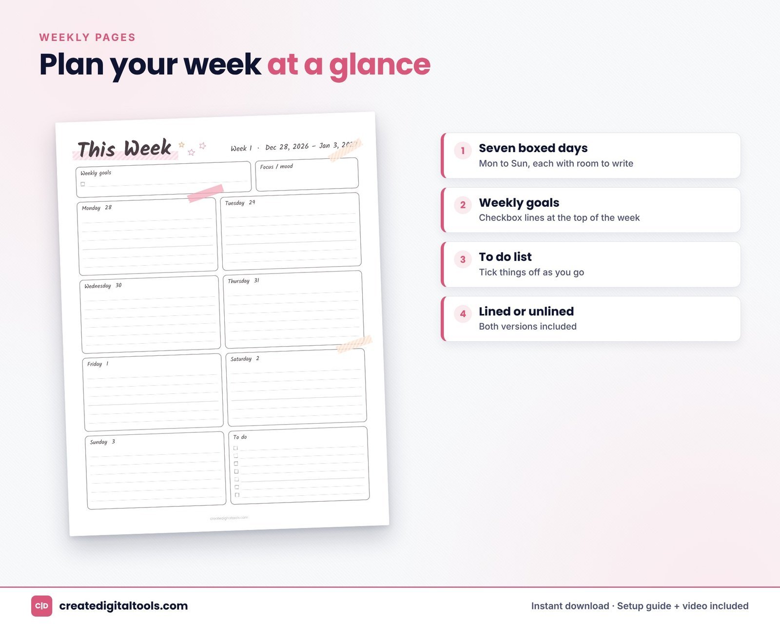 Simple printable weekly planner with weekly goals box and boxed Monday to Sunday days