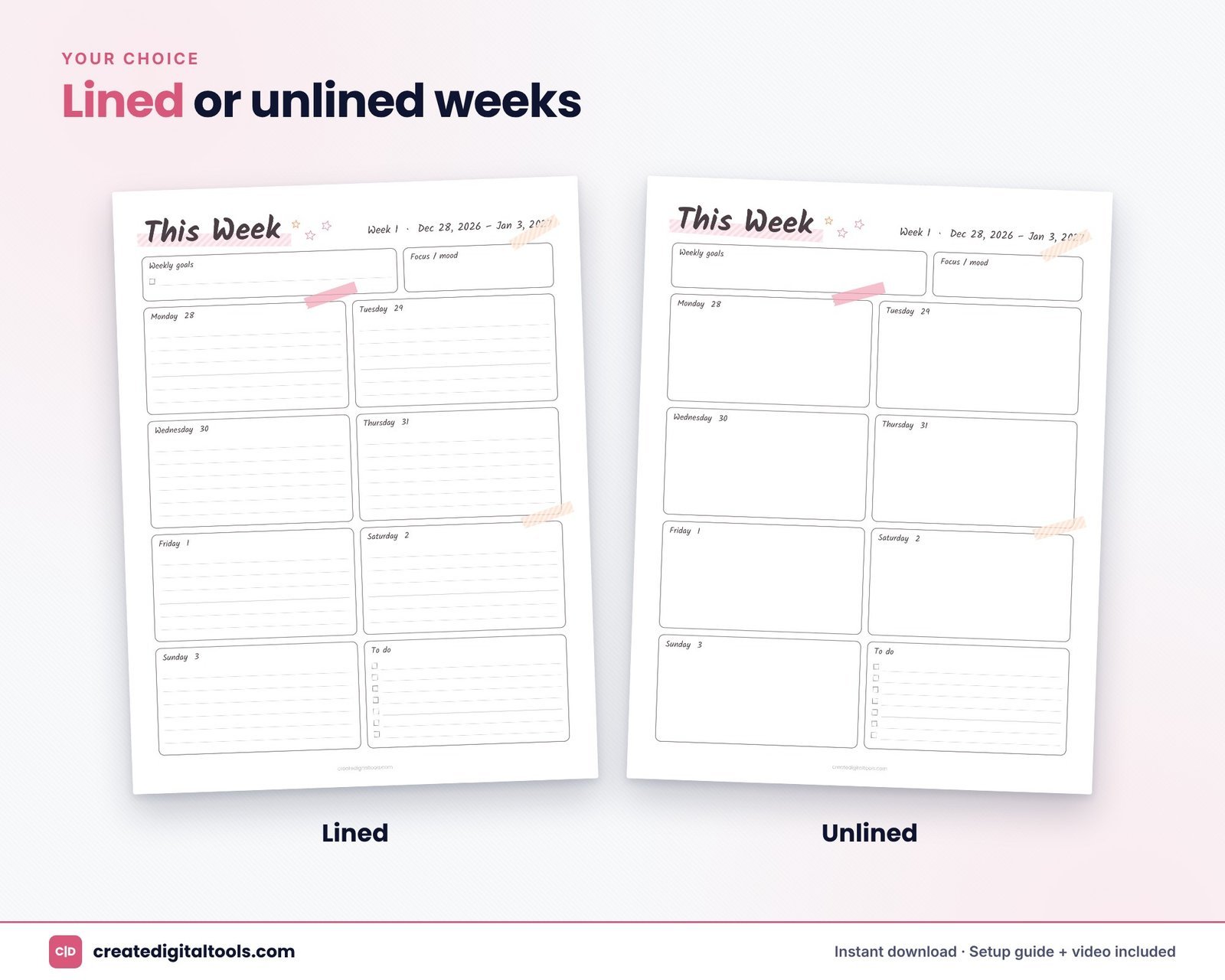 Pastel printable weekly planner in lined and unlined versions