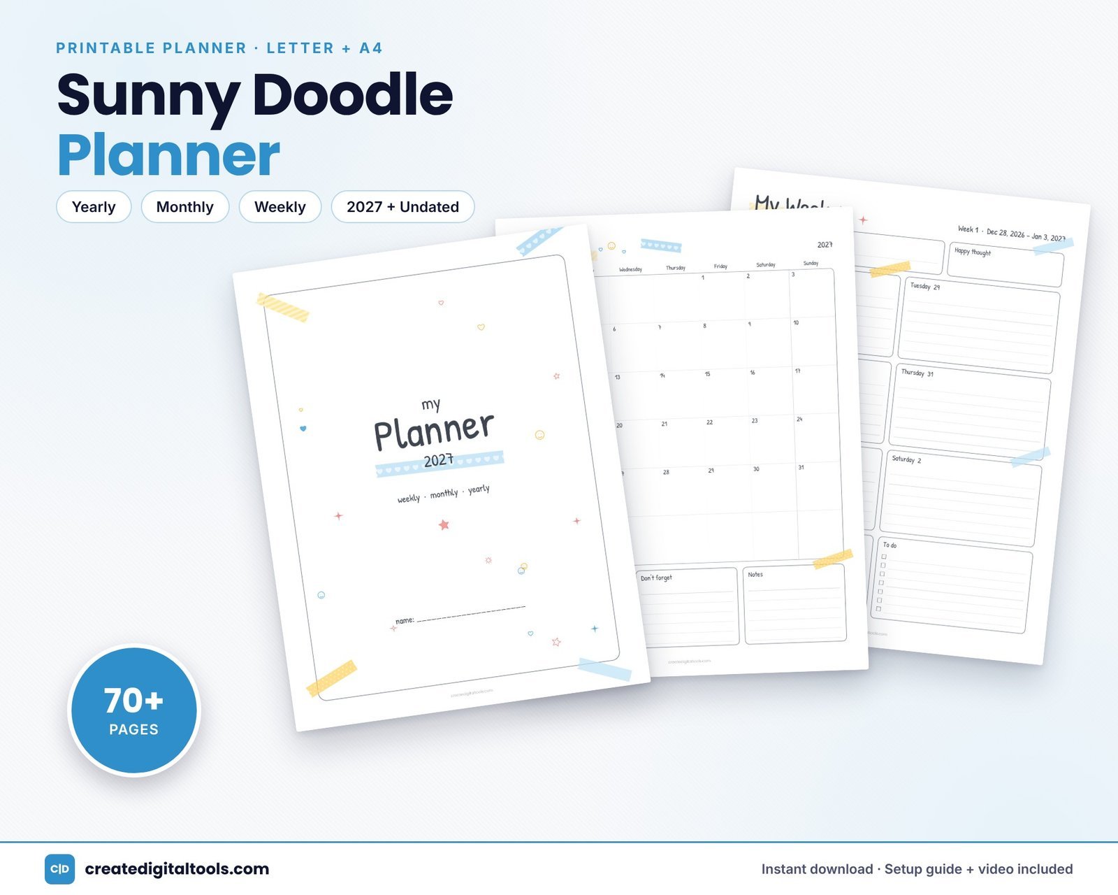 Cute Simple Planner · Sunny Doodle – Printable Weekly, Monthly & Yearly Planner + Mood Tracker (2027 + Undated, Letter + A4)