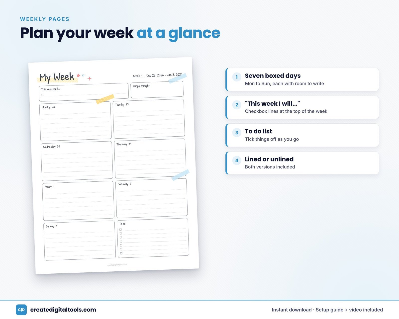 Cute printable weekly planner with happy thought box and sunny doodles