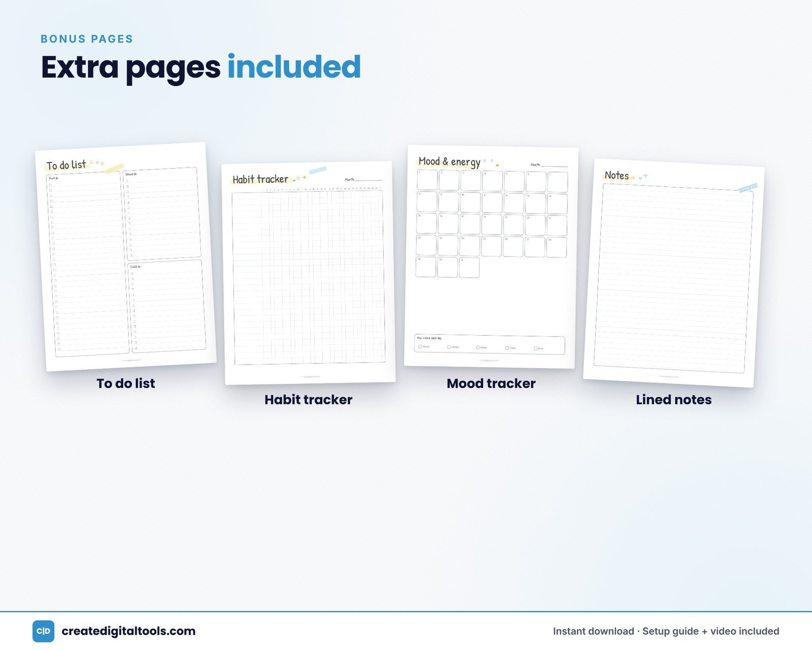 Printable planner with mood tracker: mood and energy tracker, habit tracker and to do pages
