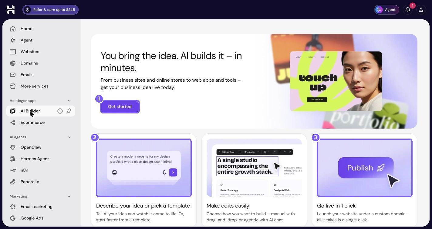 Hostinger AI Builder landing page with Get started button, describe your idea prompt and Go live in 1 click highlighted