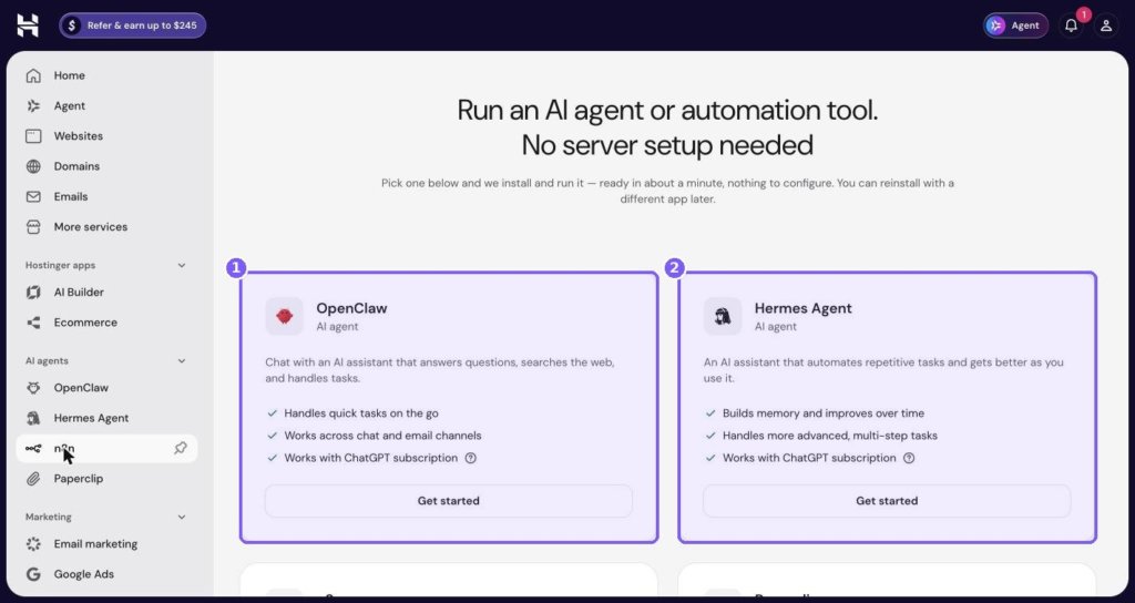 How to Run n8n and AI Agents (OpenClaw, Hermes Agent, Paperclip) on Hostinger Without Server Setup