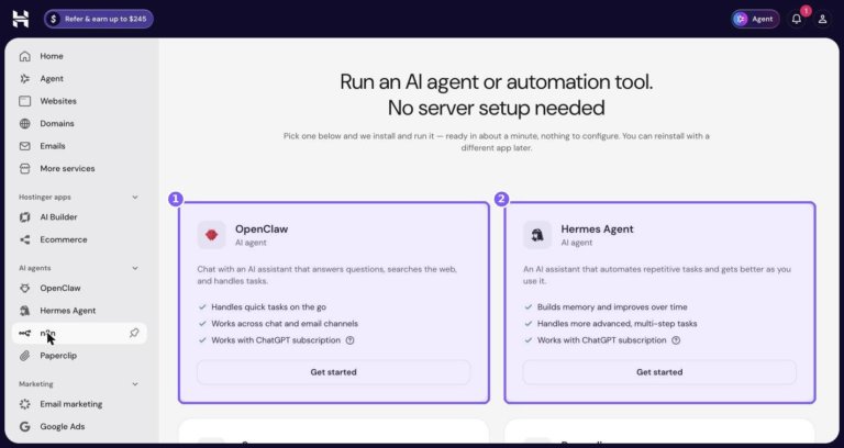 How to Run n8n and AI Agents (OpenClaw, Hermes Agent, Paperclip) on Hostinger Without Server Setup