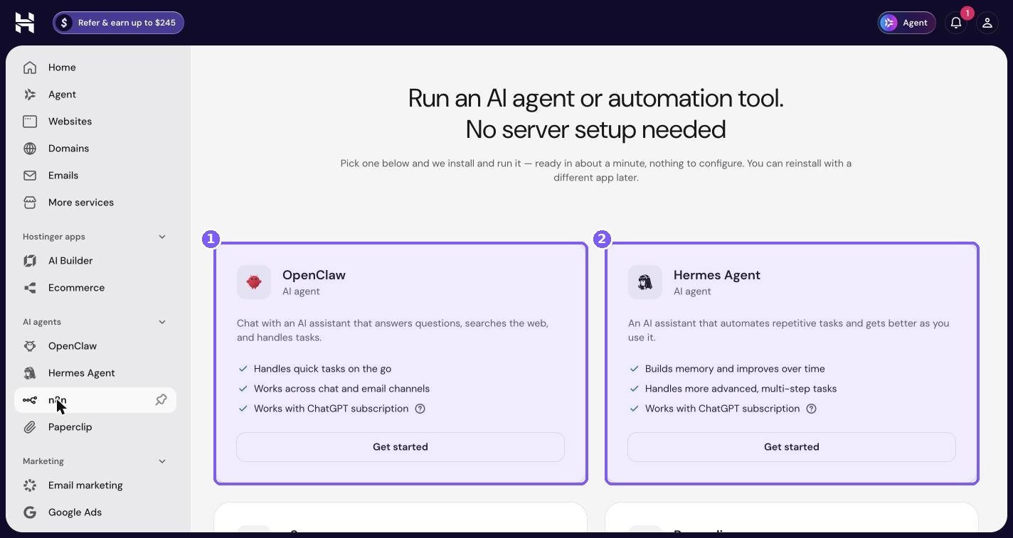 Hostinger AI agents page with OpenClaw and Hermes Agent cards highlighted