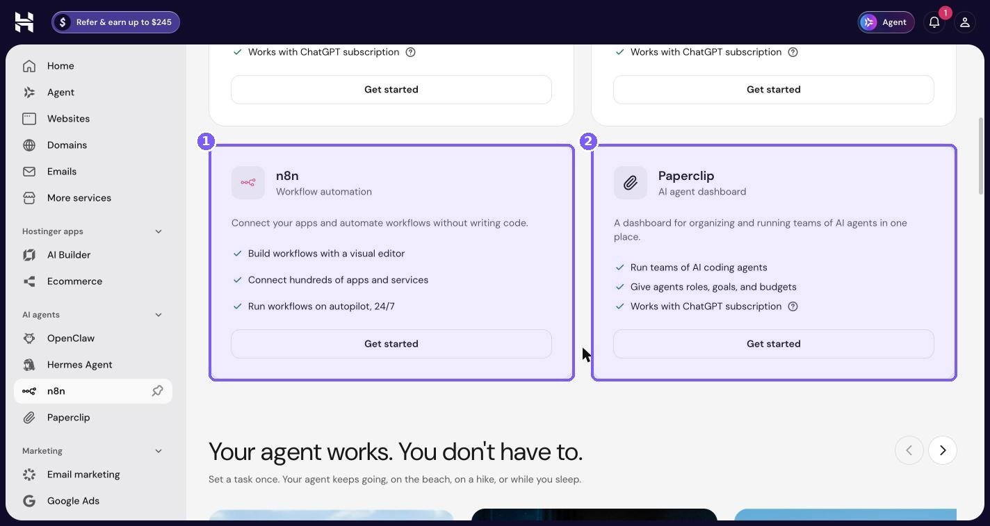 Hostinger AI agents page with n8n workflow automation and Paperclip AI agent dashboard cards highlighted