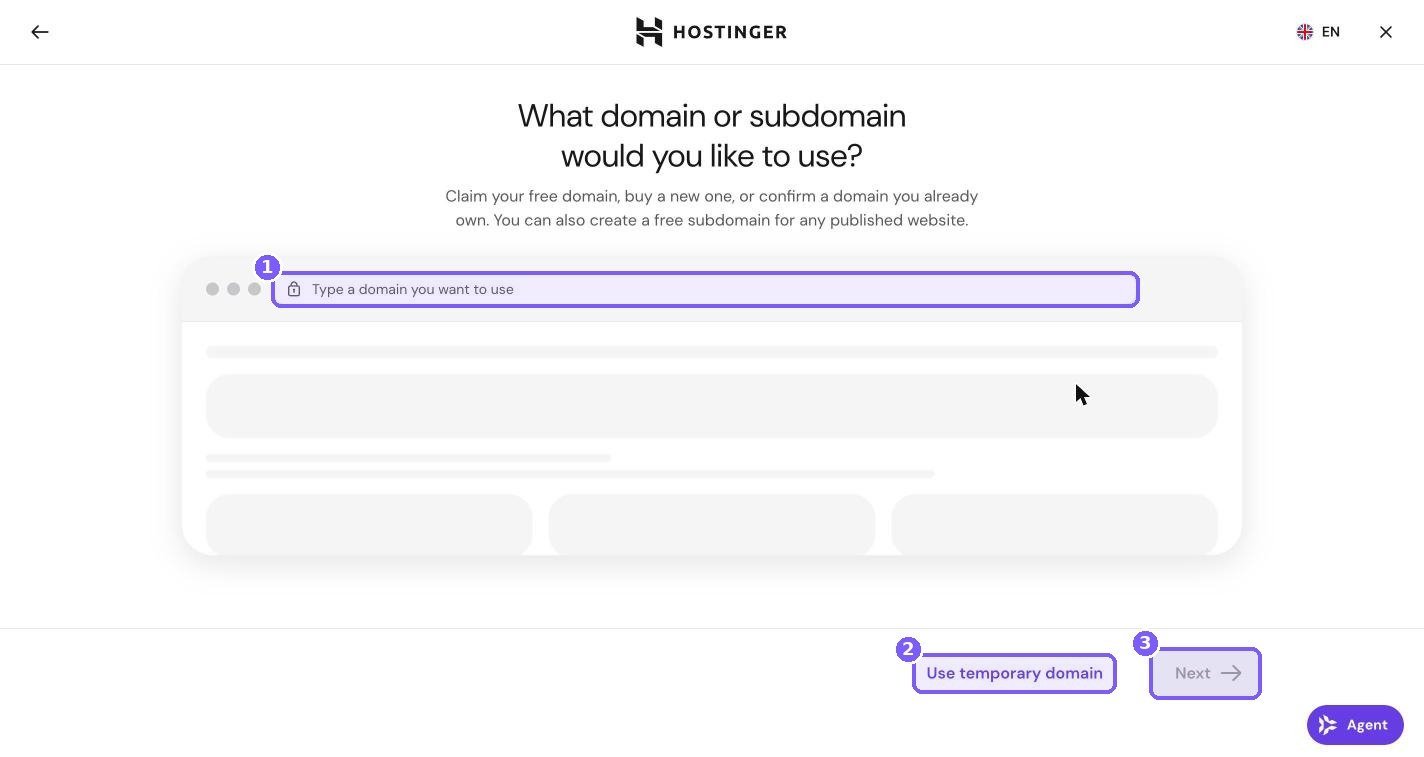 Hostinger WordPress setup wizard domain step with domain input, Use temporary domain link and Next button highlighted