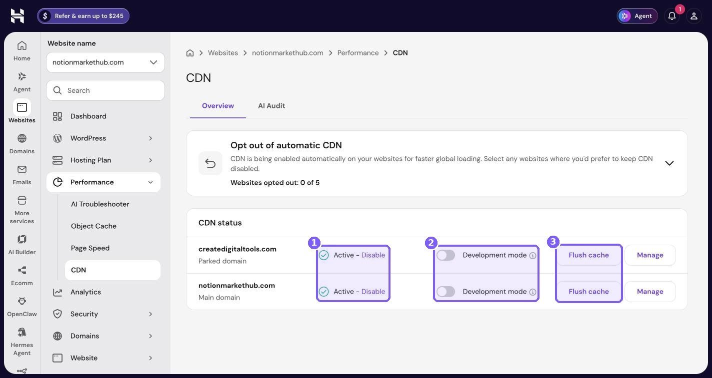 Hostinger hPanel CDN page with CDN status Active, Development mode toggles and Flush cache buttons highlighted