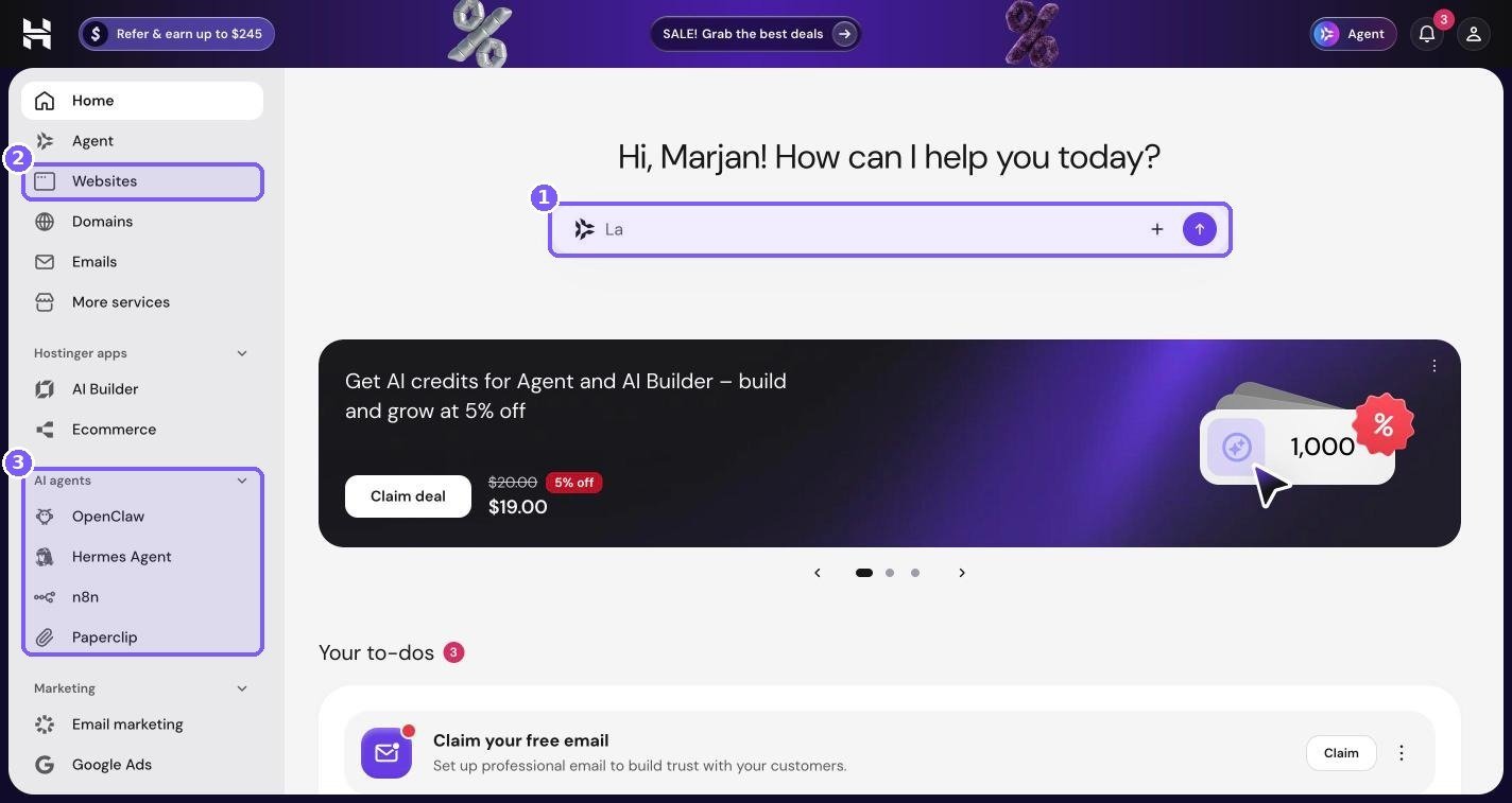 Hostinger hPanel Home screen with the Agent prompt bar, Websites menu and AI agents sidebar group highlighted