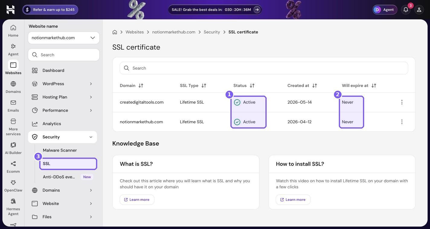 Hostinger hPanel SSL certificate page showing Lifetime SSL with Active status and Never expiry for two domains