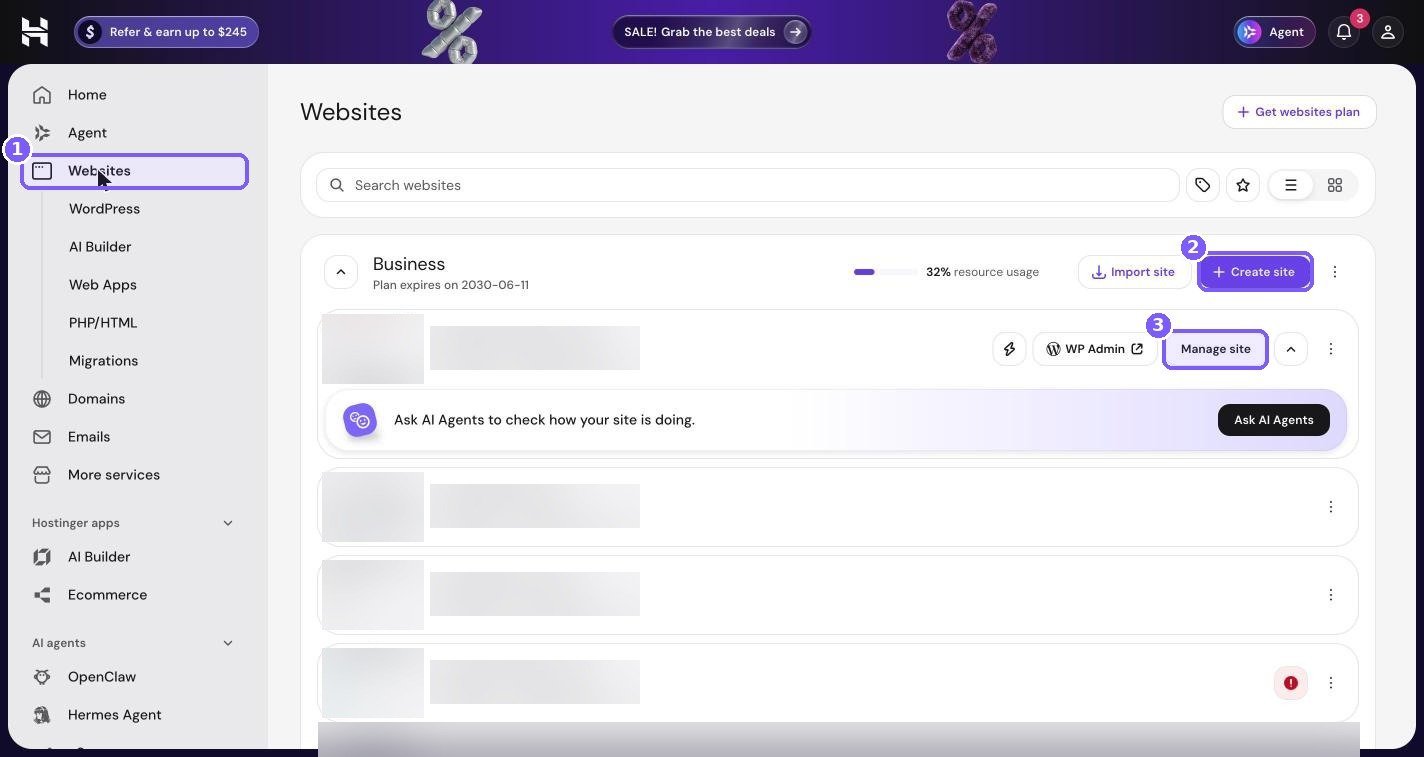 Hostinger hPanel Websites list with the Create site and Manage site buttons highlighted