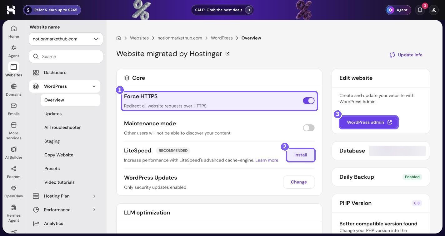 Hostinger hPanel WordPress Overview with the Force HTTPS toggle, LiteSpeed Install button and WordPress admin button highlighted