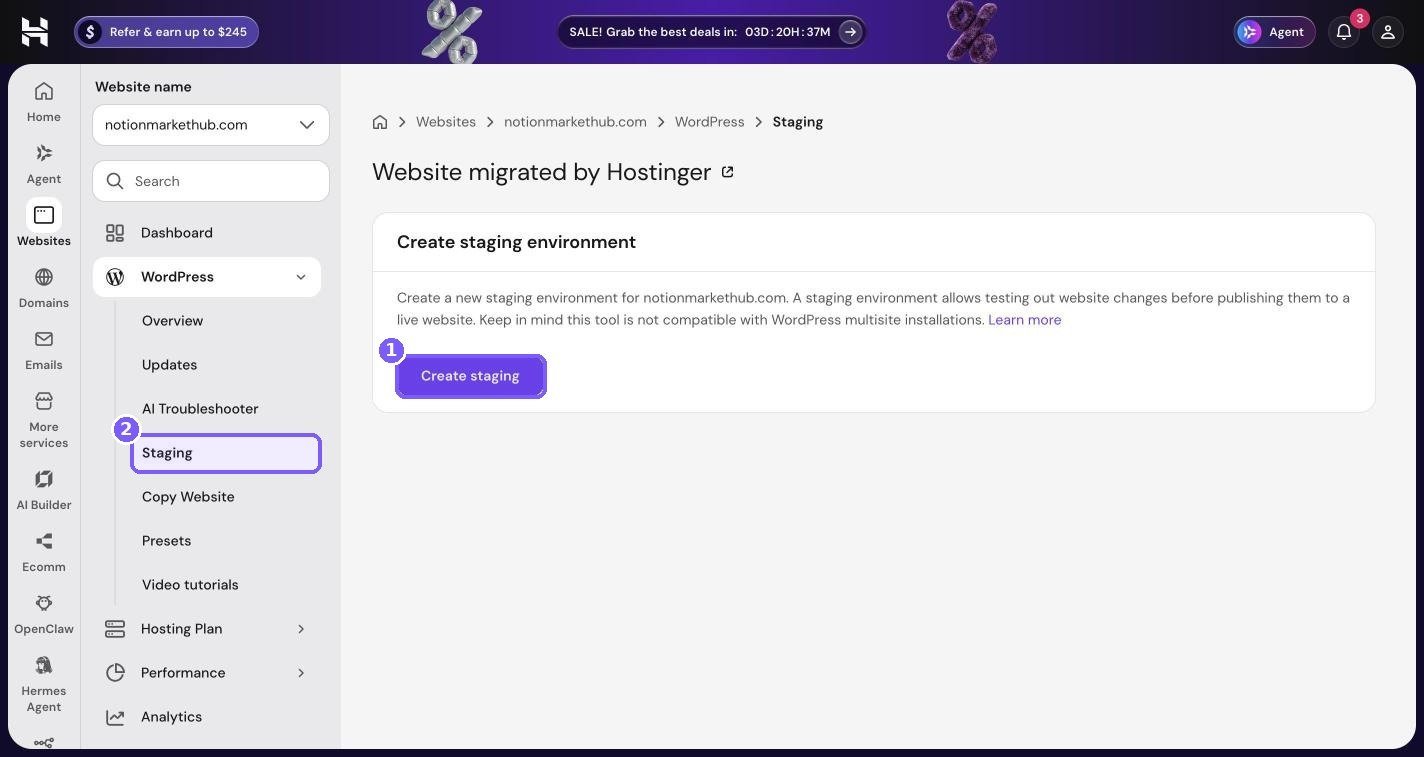 Hostinger hPanel WordPress Staging page with the Create staging button highlighted