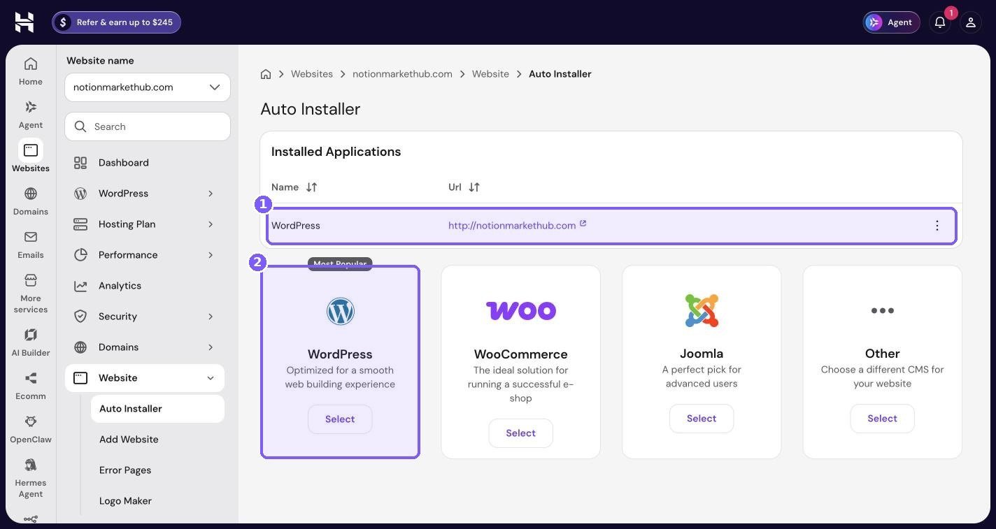 Hostinger hPanel Auto Installer with installed WordPress application and the WordPress tile highlighted