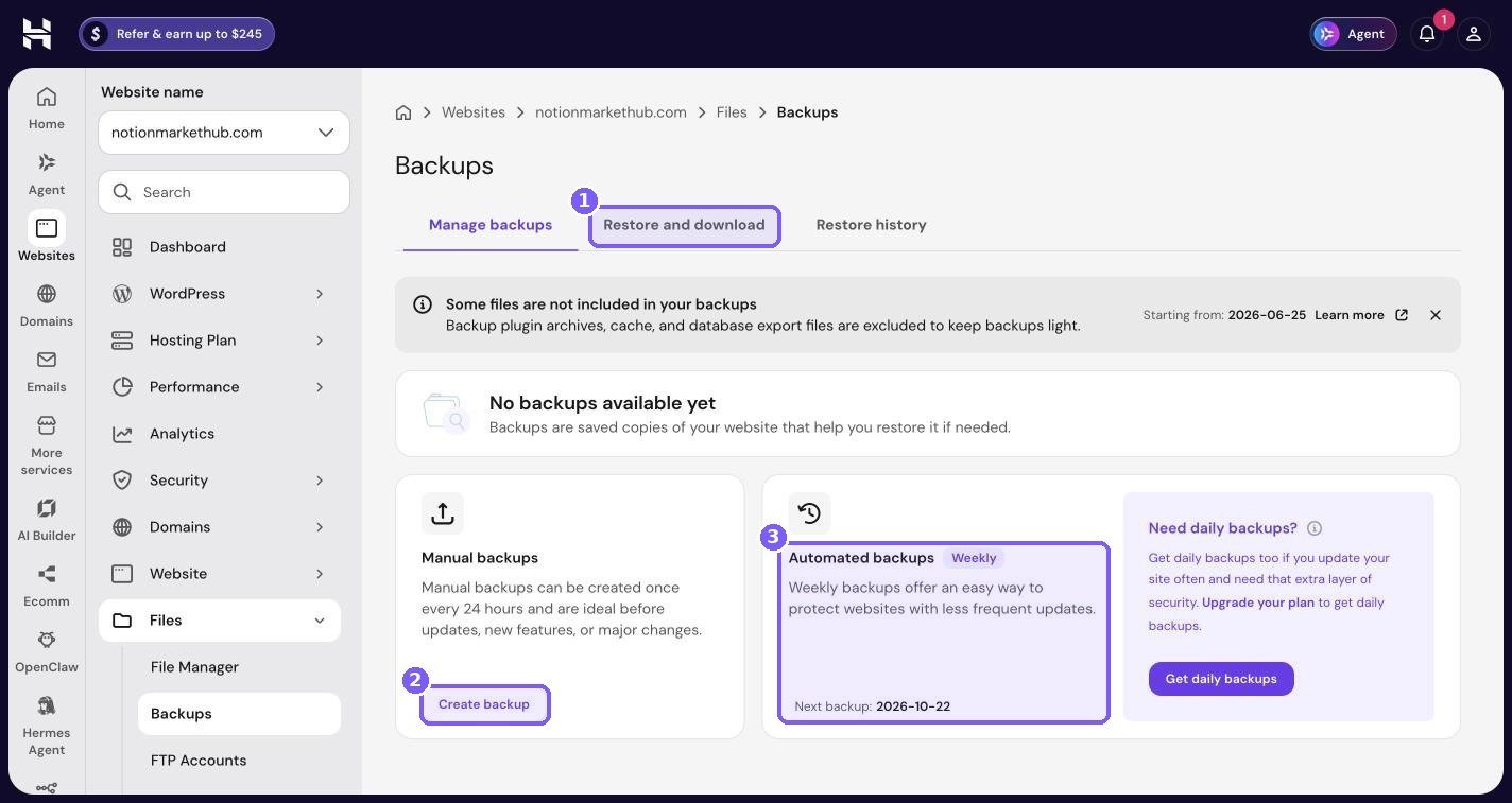 Hostinger hPanel Backups page with Restore and download tab, Create backup button and Automated backups card highlighted