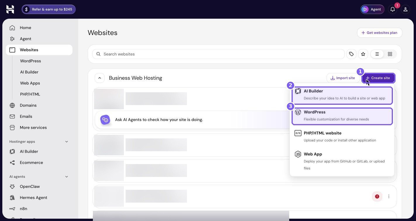 Hostinger hPanel Create site dropdown with AI Builder and WordPress options highlighted
