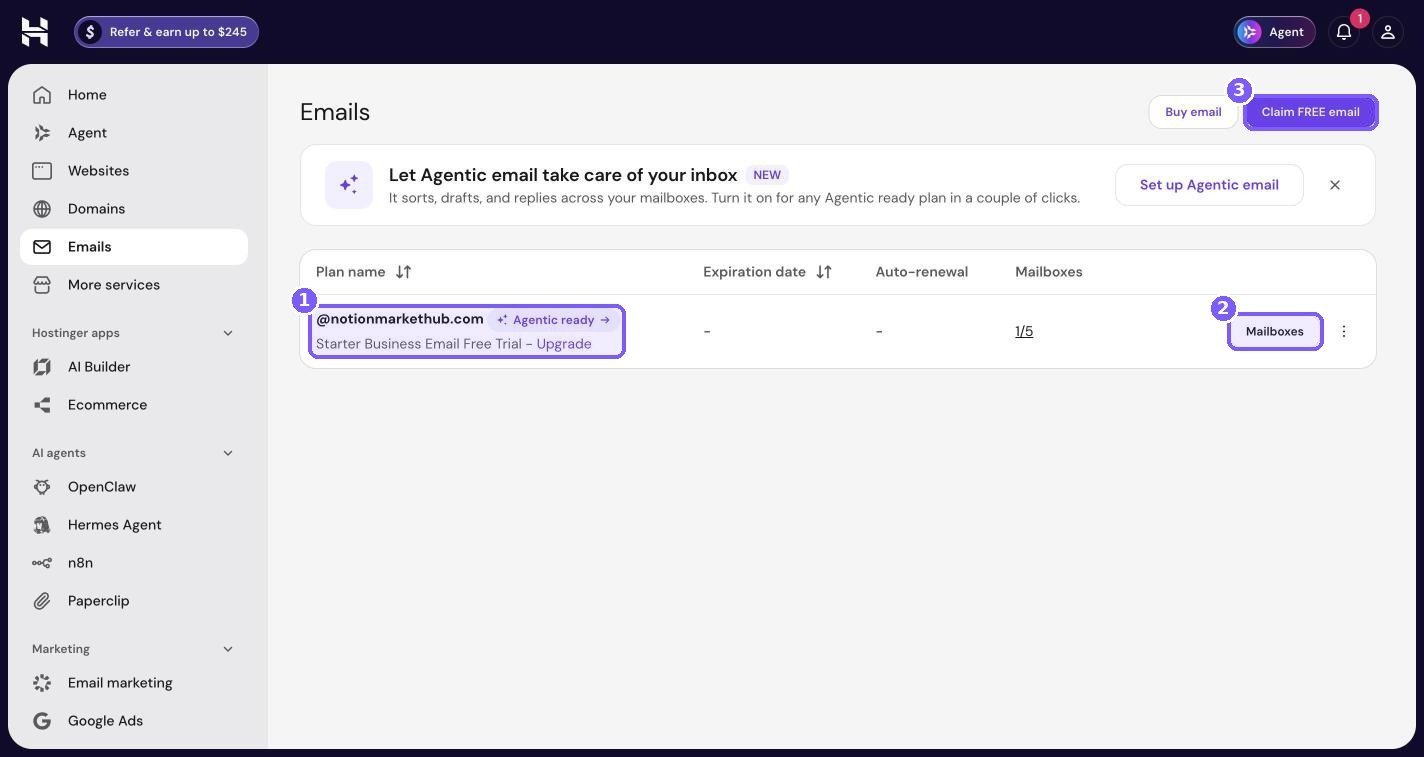 Hostinger hPanel Emails page with the domain email plan, Mailboxes button and Claim FREE email button highlighted