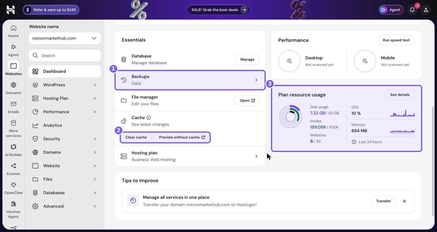 Hostinger hPanel Essentials card with Backups, Clear cache buttons and the Plan resource usage card highlighted