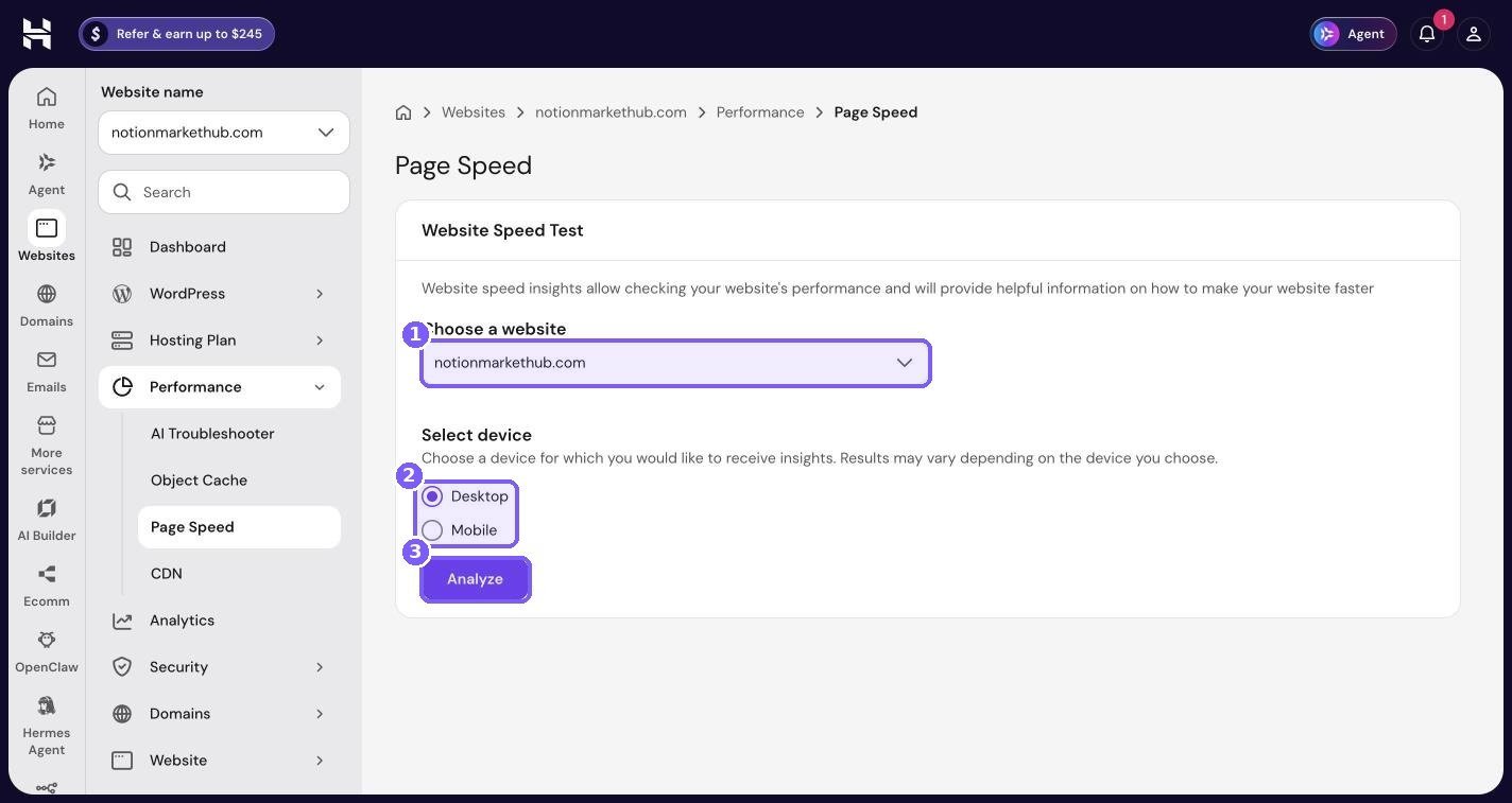 Hostinger hPanel Page Speed website speed test with website dropdown, Desktop or Mobile choice and Analyze button highlighted