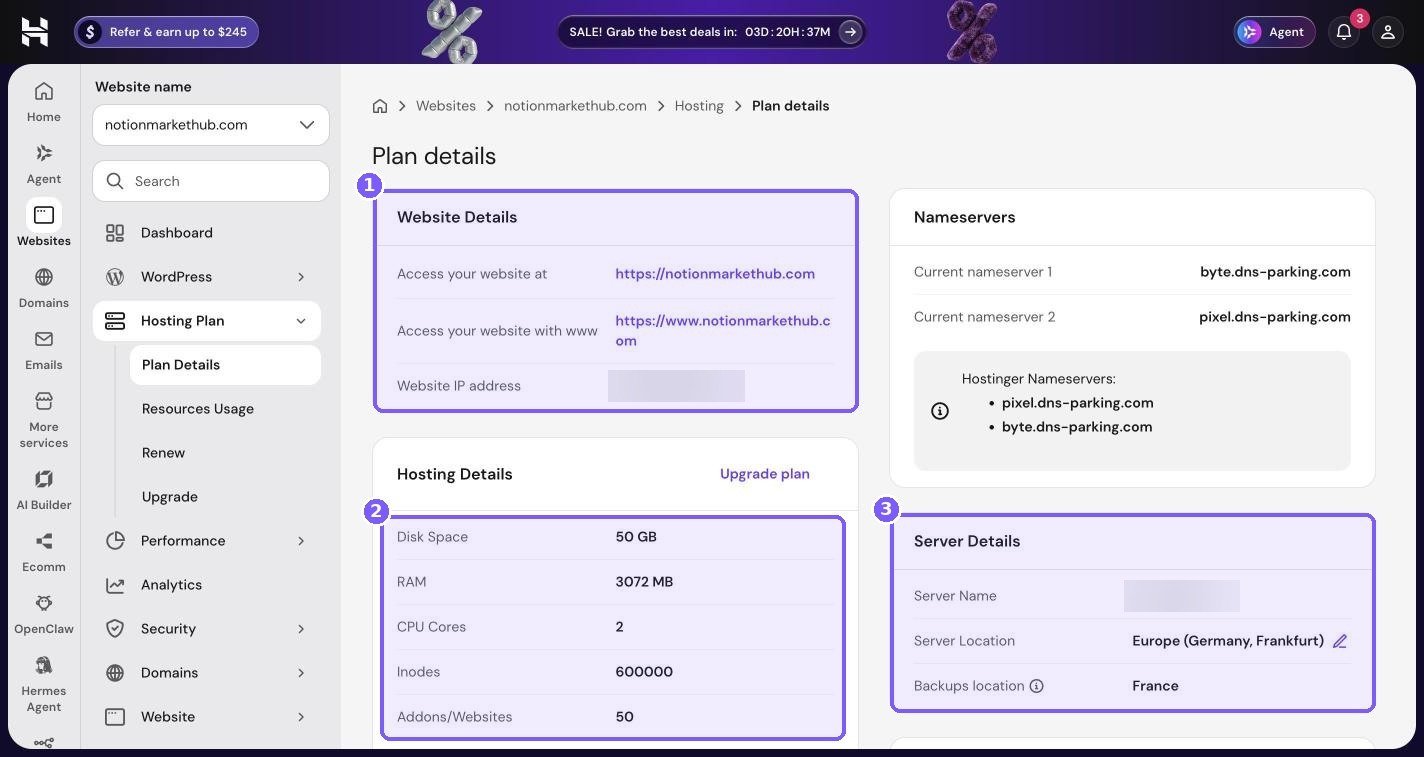 Hostinger hPanel Plan details showing Website Details, Hosting Details resources and Server Details location