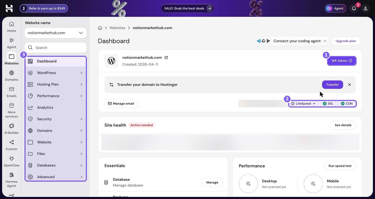 Hostinger hPanel site Dashboard with the WP Admin button, LiteSpeed SSL and CDN status chips, and the site menu highlighted