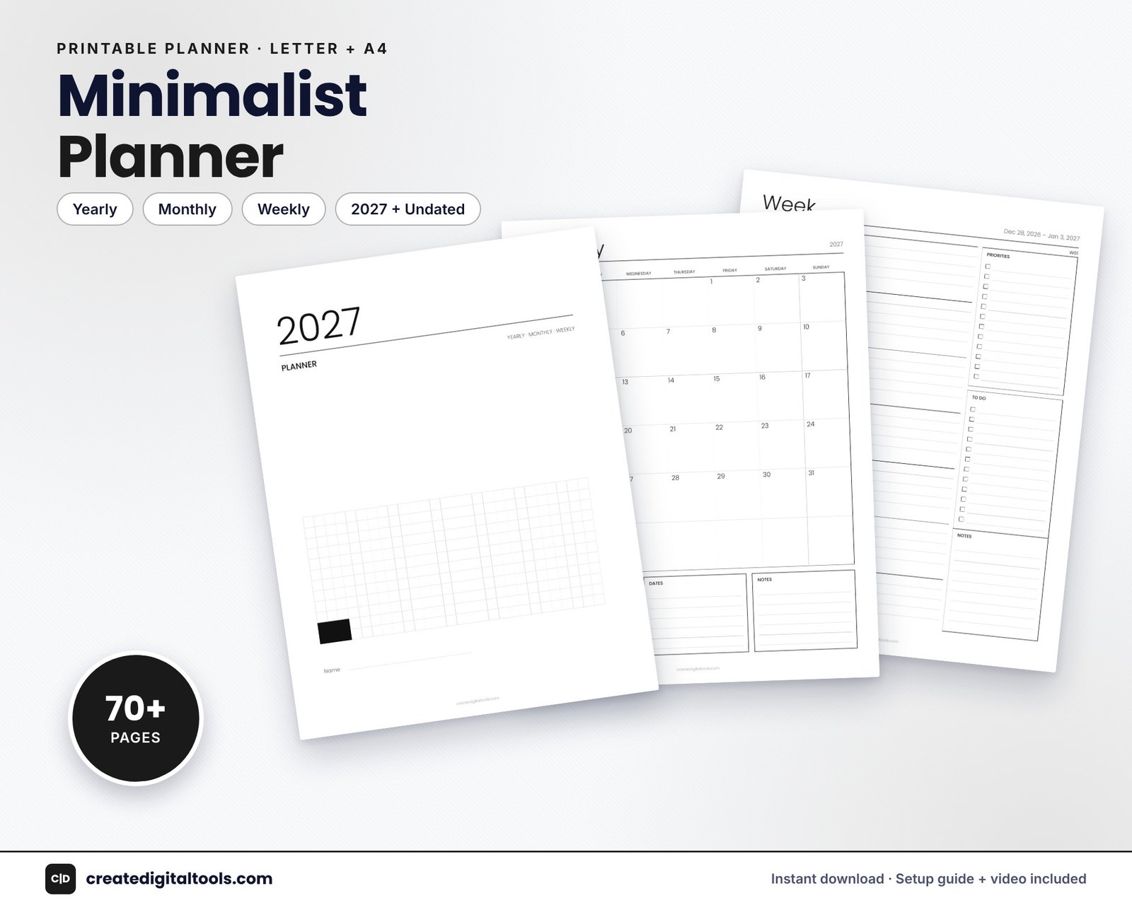 Minimalist Black & White Planner – Printable Weekly, Monthly & Yearly Planner + Time Block (2027 + Undated, Letter + A4)