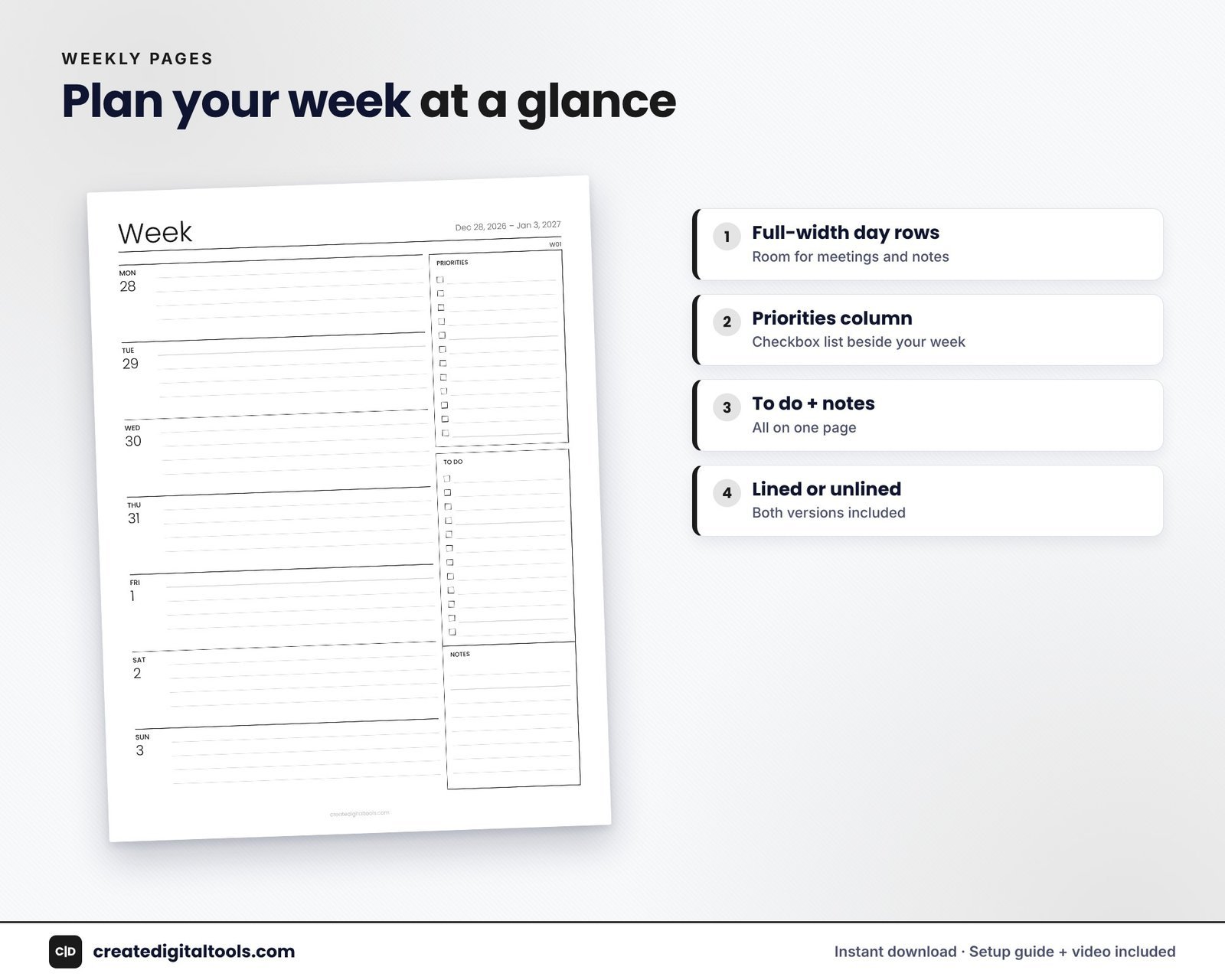 Minimalist printable planner weekly page with seven day rows and priorities column