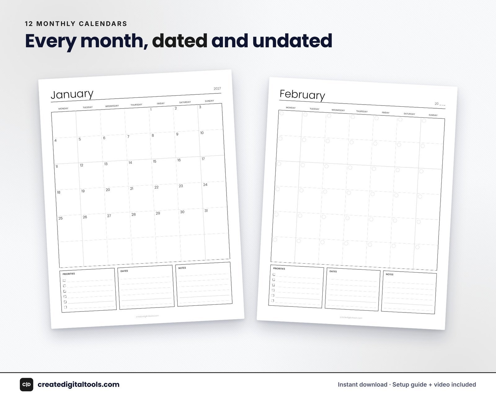 Black and white minimalist printable monthly calendar 2027 with Monday start