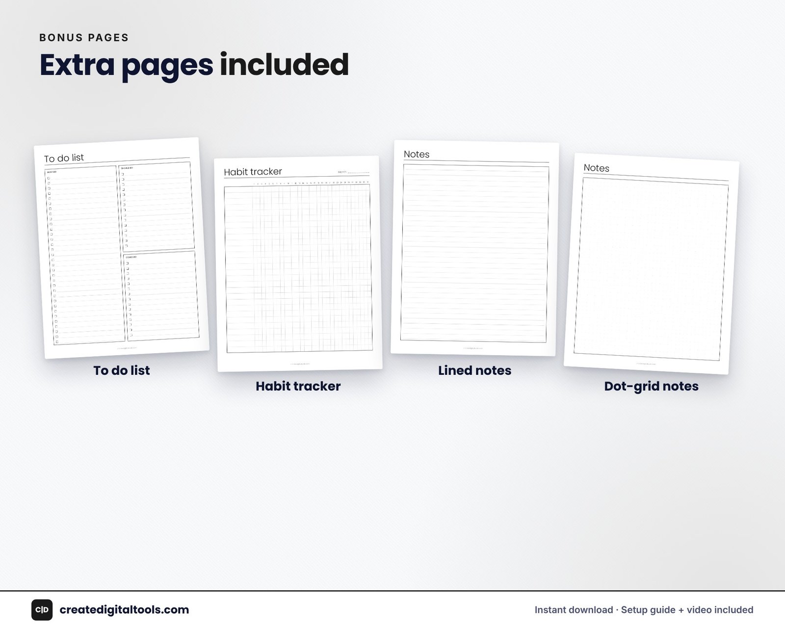 Minimalist printable planner extra pages: to do list, habit tracker and dot grid notes