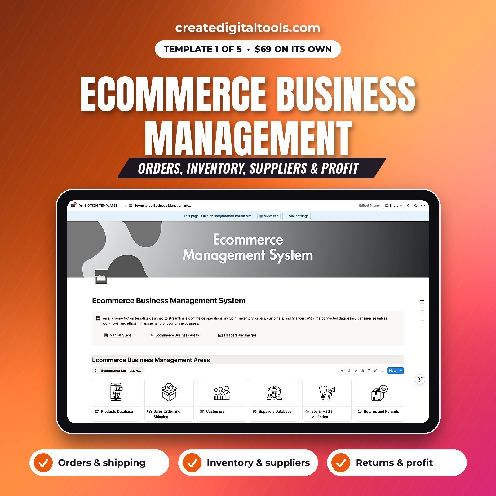 Ecommerce Notion template for orders, inventory, catalogue and suppliers