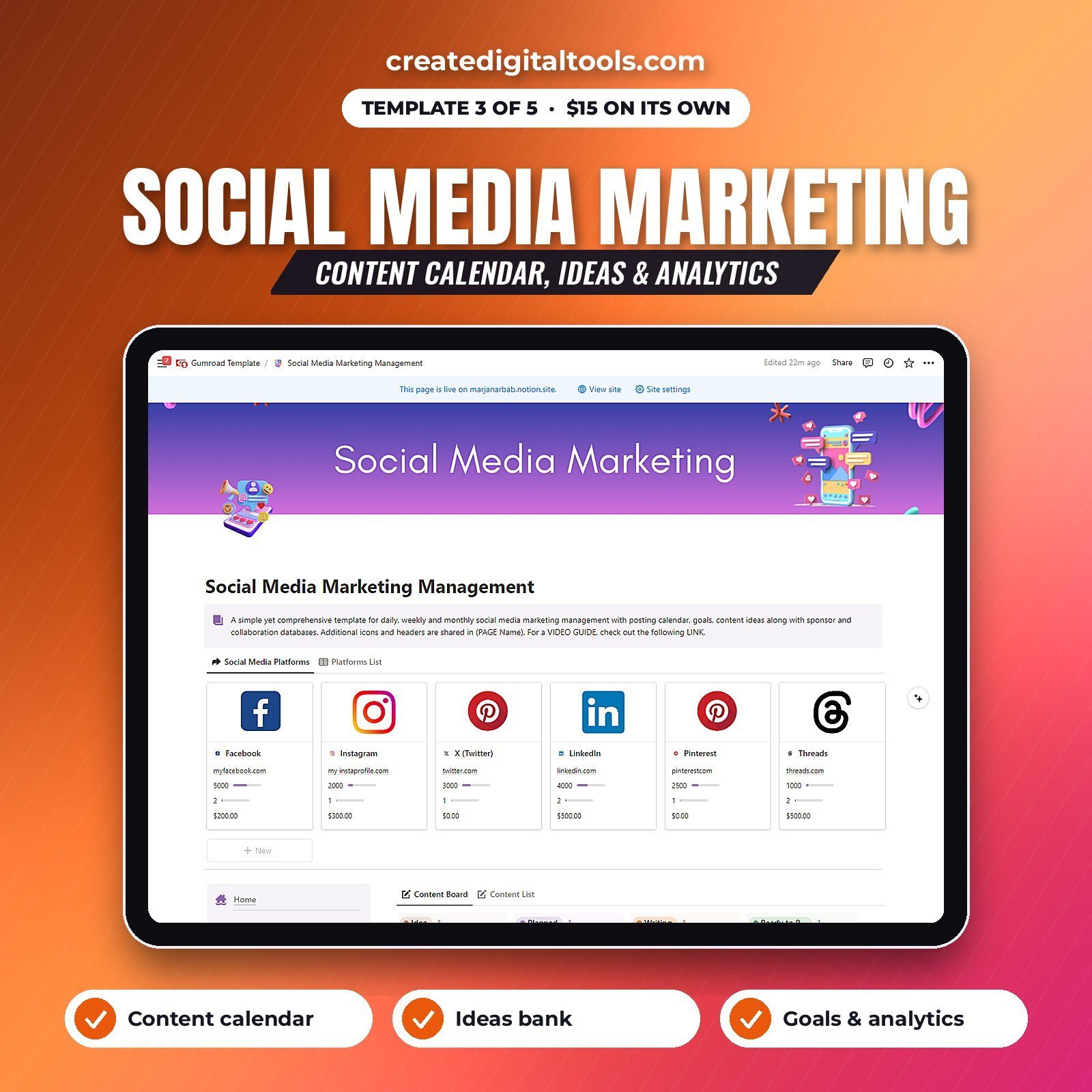 Social media content calendar Notion template for an online store