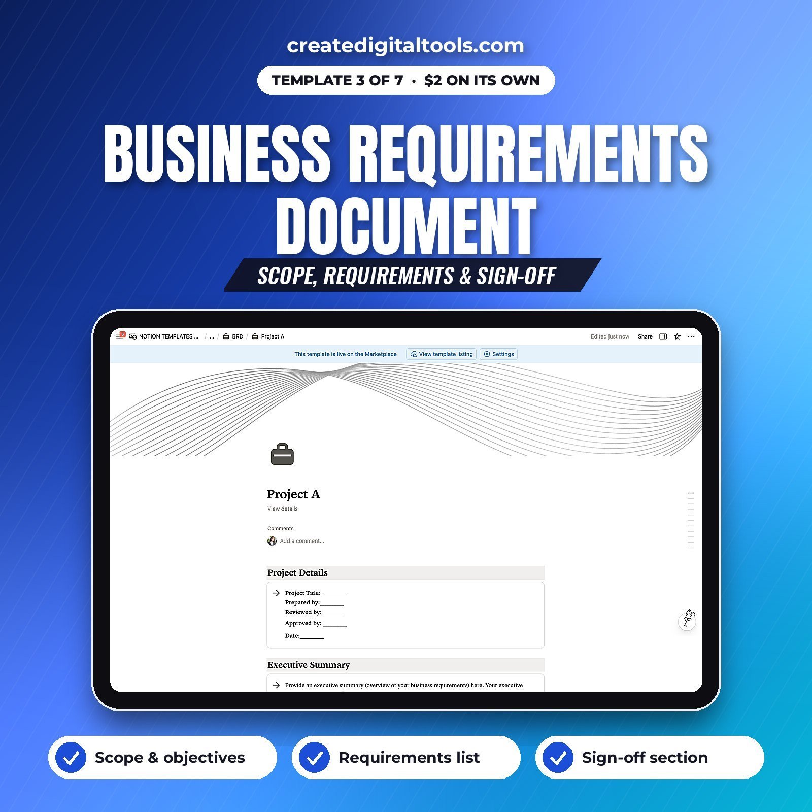 Business requirements document Notion template for project managers