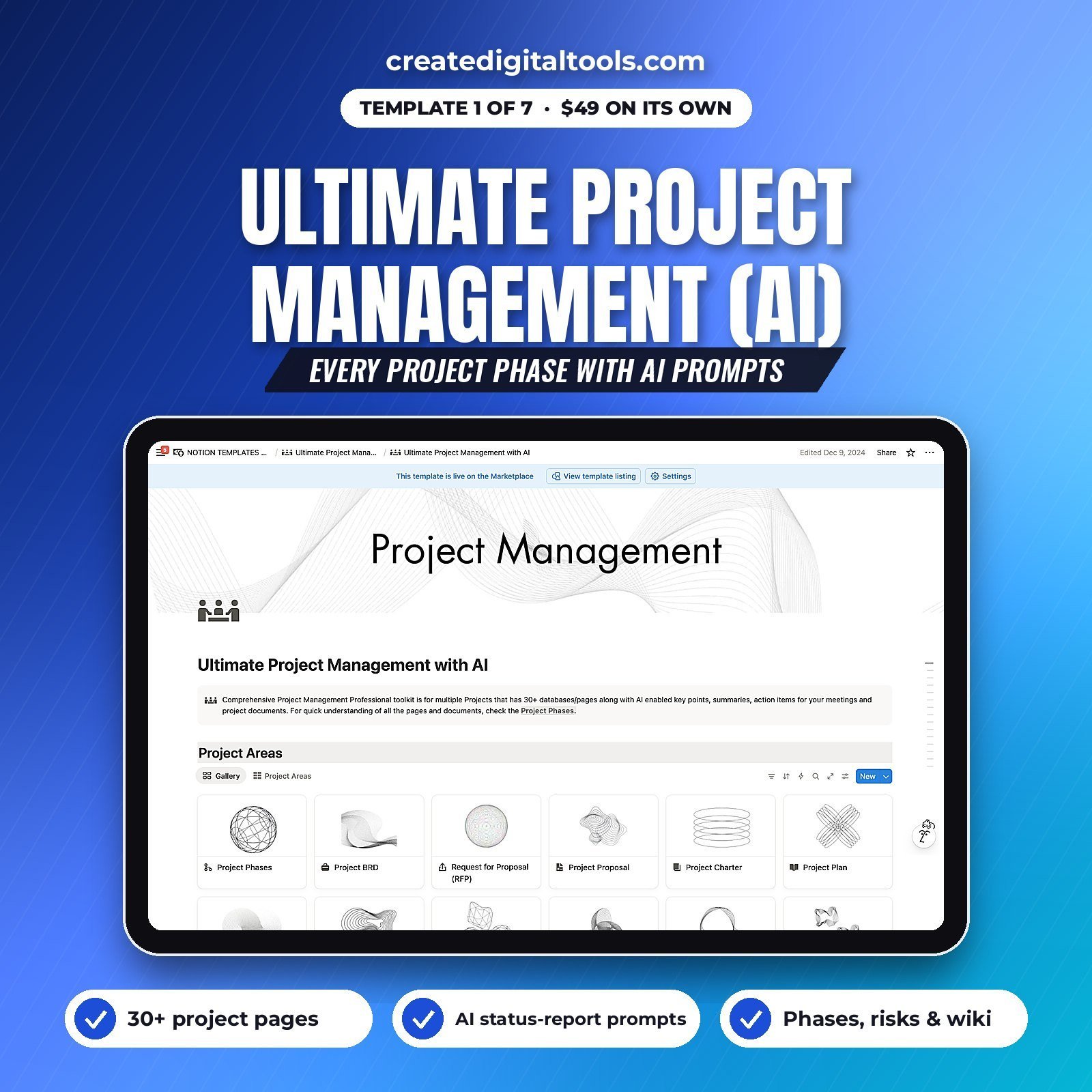 Project management Notion template with 30+ pages and AI prompts
