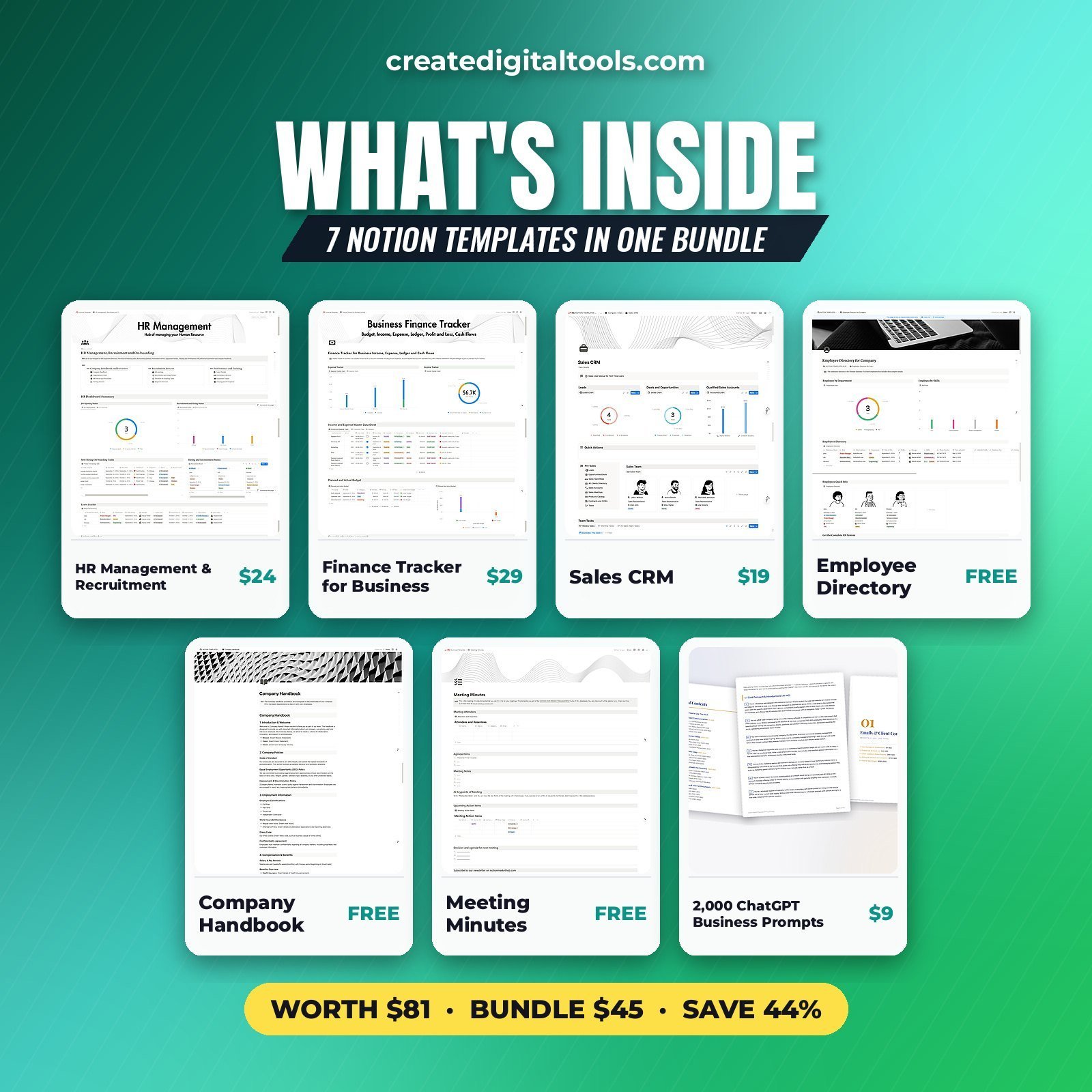 Small business Notion template kit contents for back-office admin