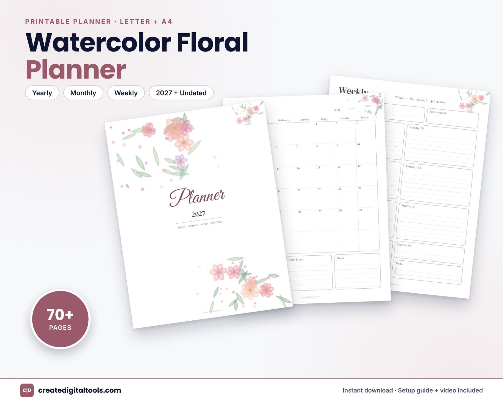 Watercolor Floral Planner – Printable Weekly, Monthly & Yearly Planner + Gratitude Journal (2027 + Undated, Letter + A4)