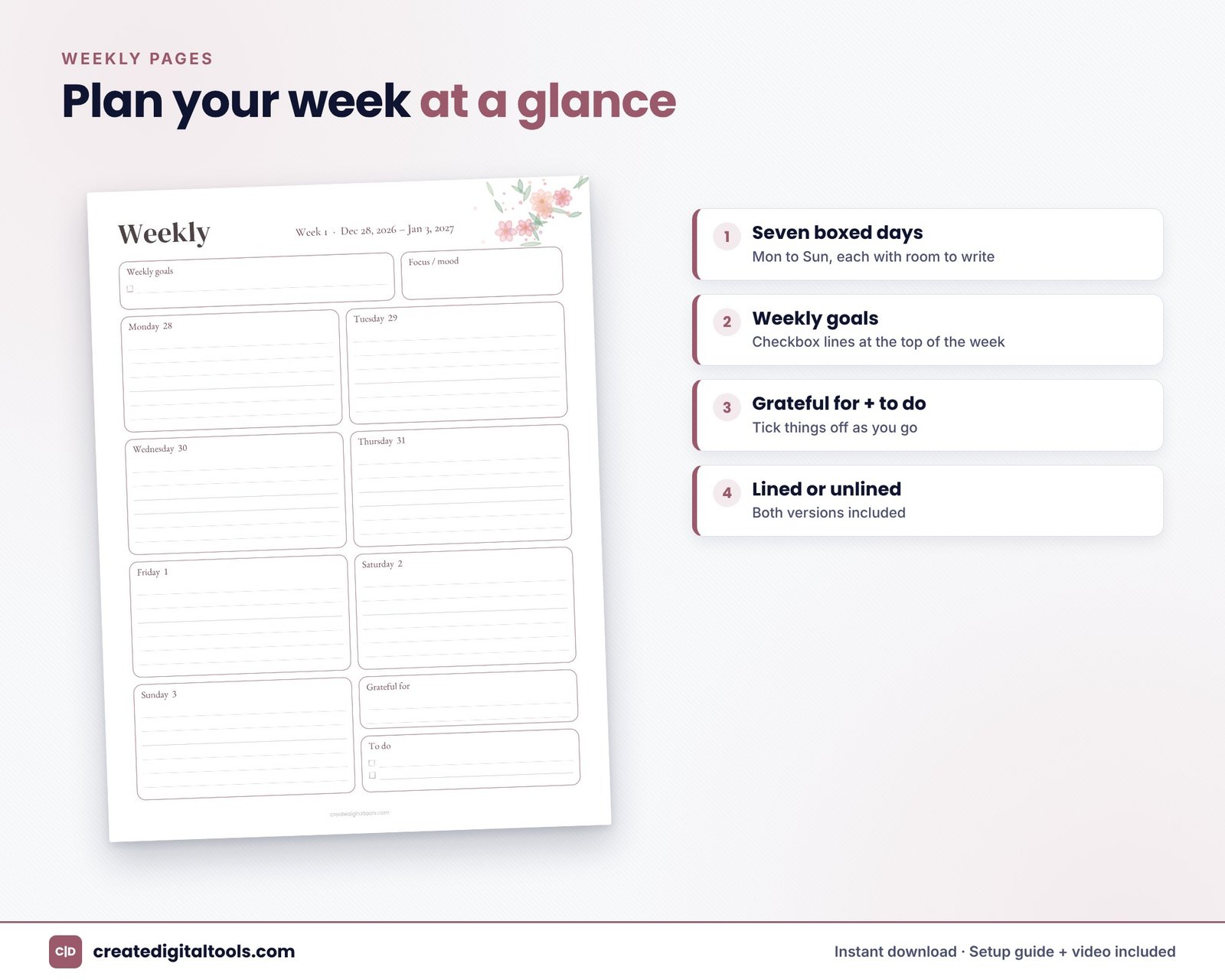 Floral printable planner weekly page with gratitude box and seven boxed days