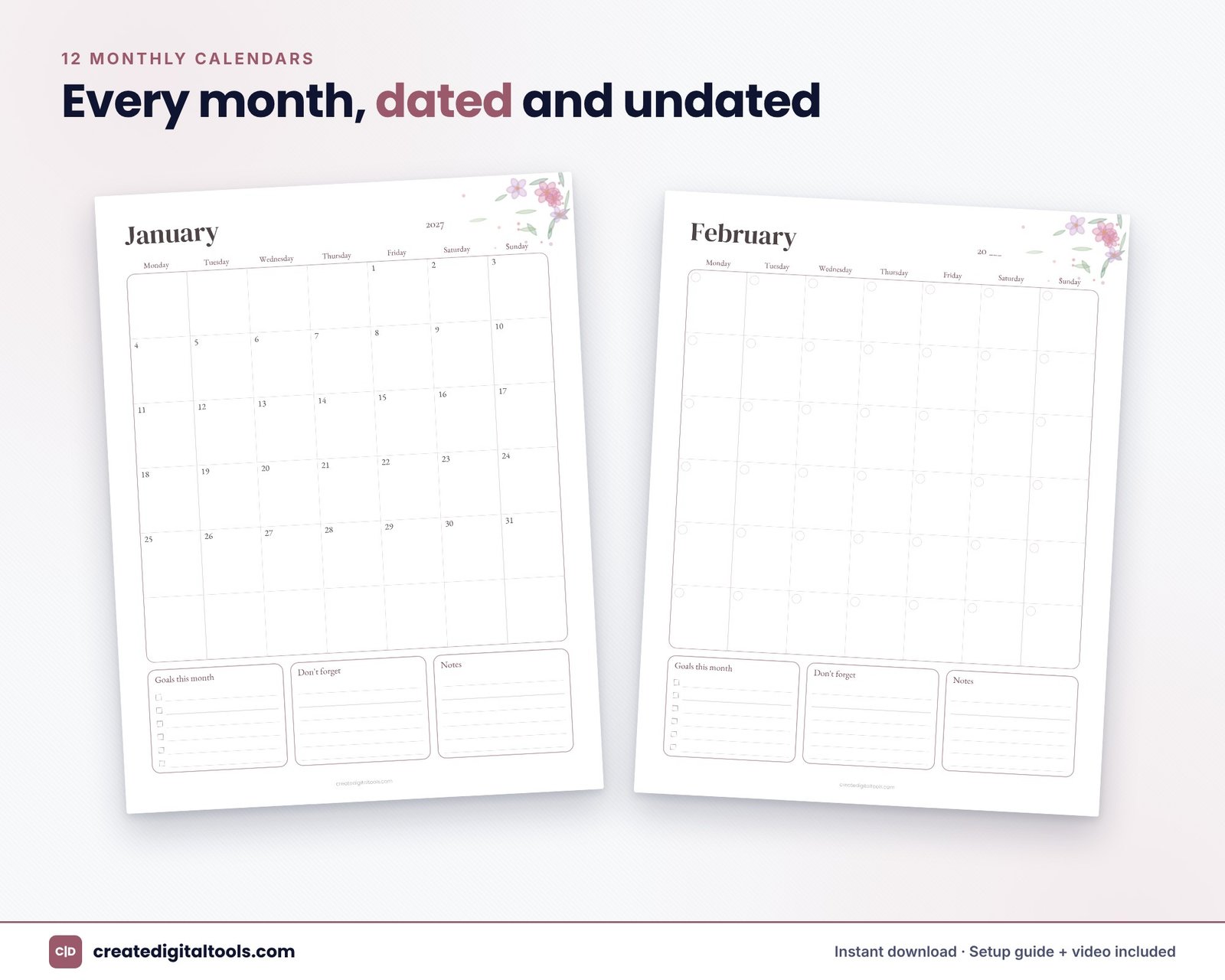 Watercolor floral printable monthly calendar with goals and notes boxes