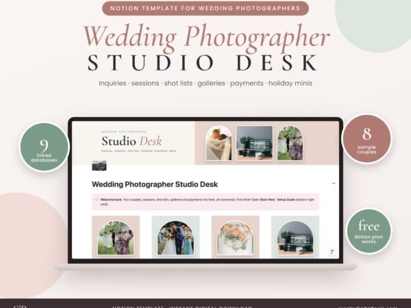 Wedding Photographer Studio Desk Notion template dashboard